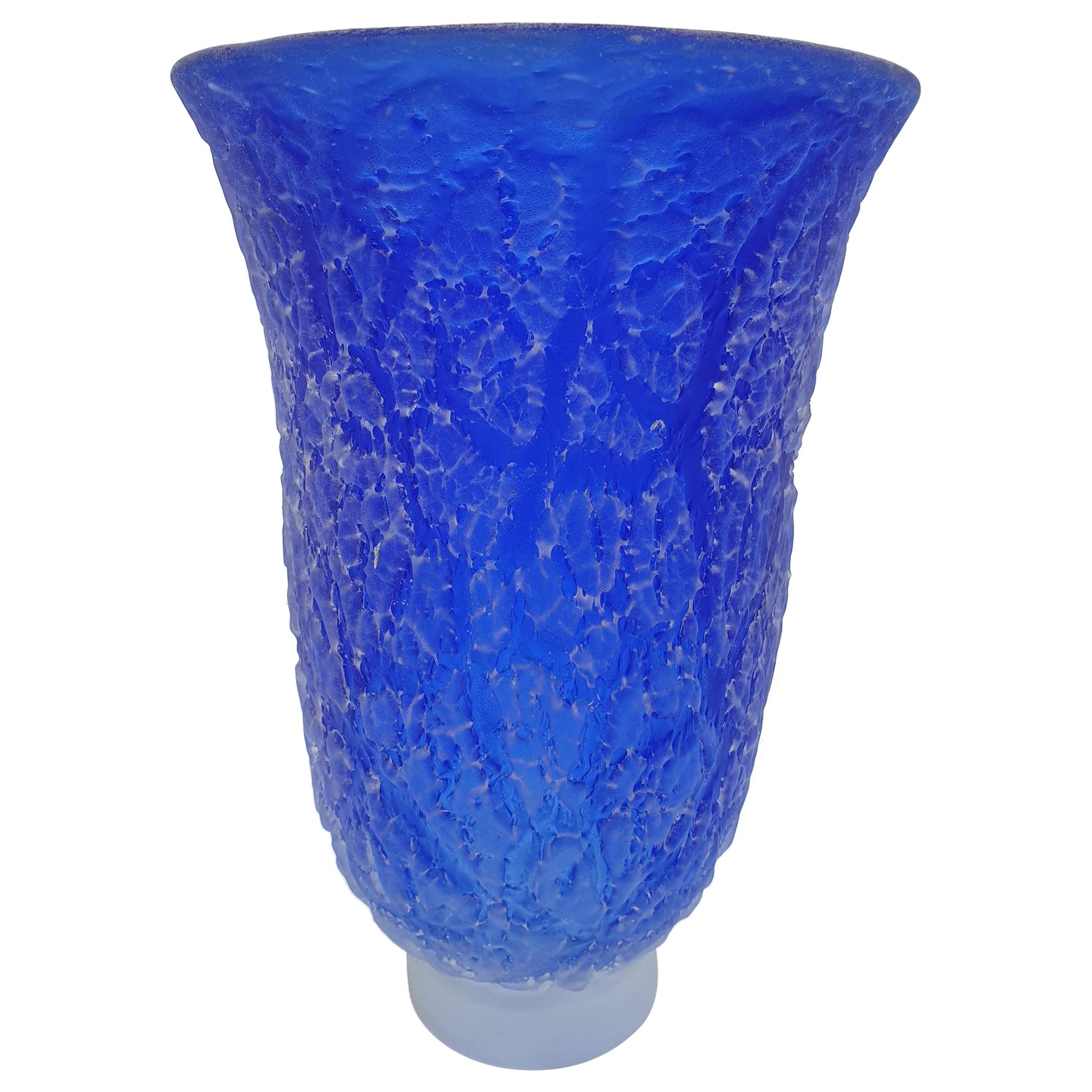 Modern Blue Murano "Corroso" Crakle Glass Vase, Scavo Finish by Gino Cenedese For Sale