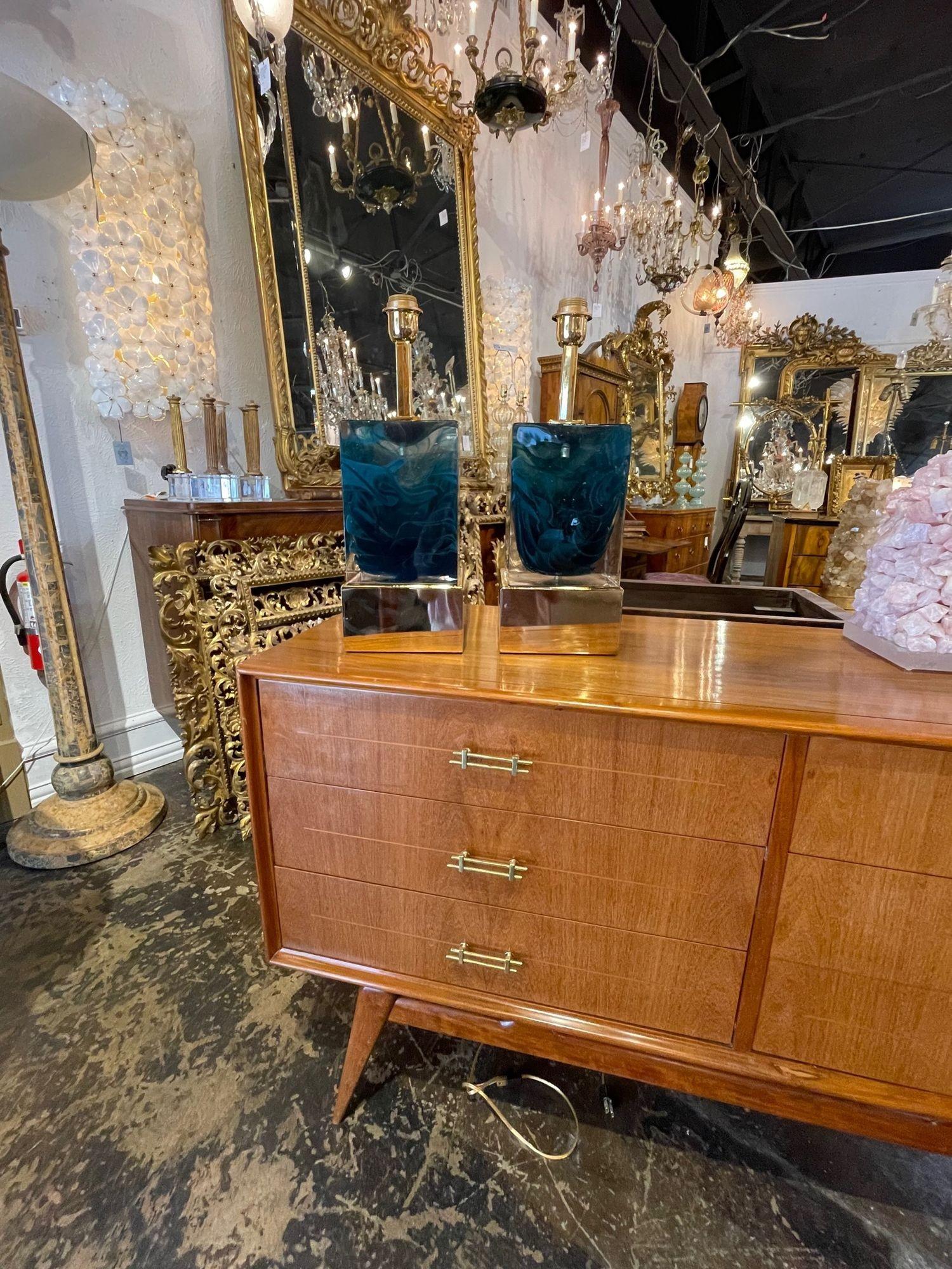 Italian Modern Blue Murano Glass Block Lamps on Brass Base For Sale