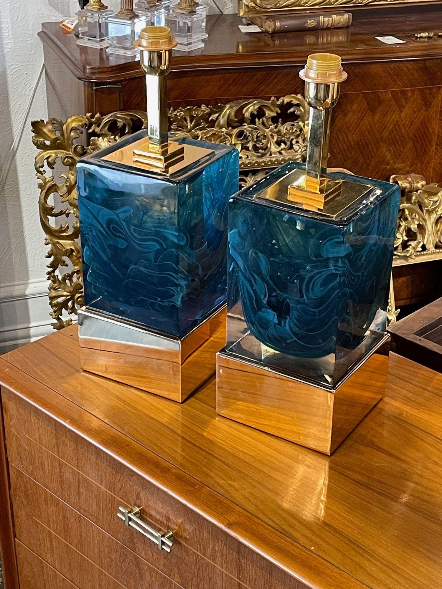 Contemporary Modern Blue Murano Glass Block Lamps on Brass Base For Sale