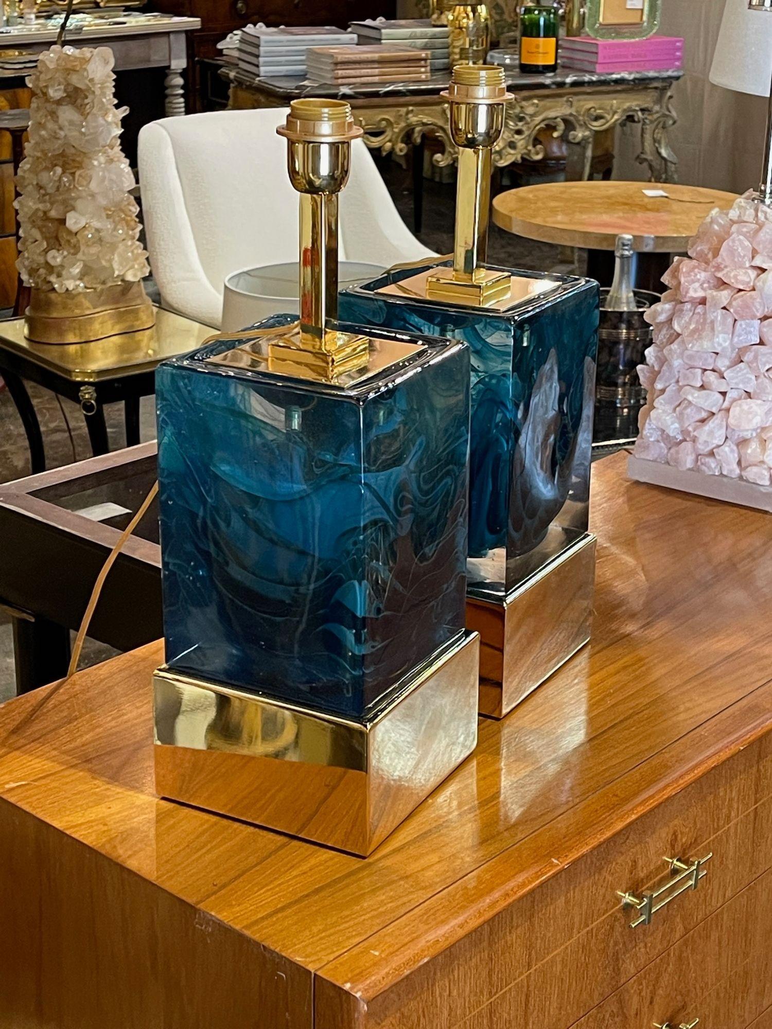 Modern Blue Murano Glass Block Lamps on Brass Base For Sale 1