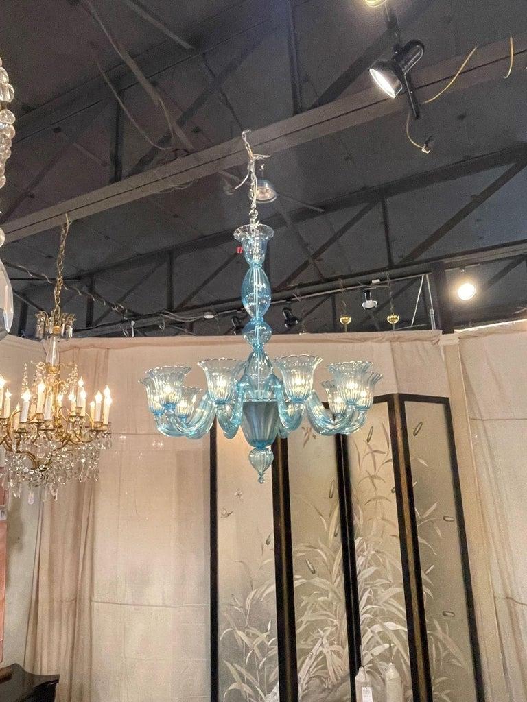 Moderno Lampadario moderno in vetro di Murano blu con 10 luci in vendita
