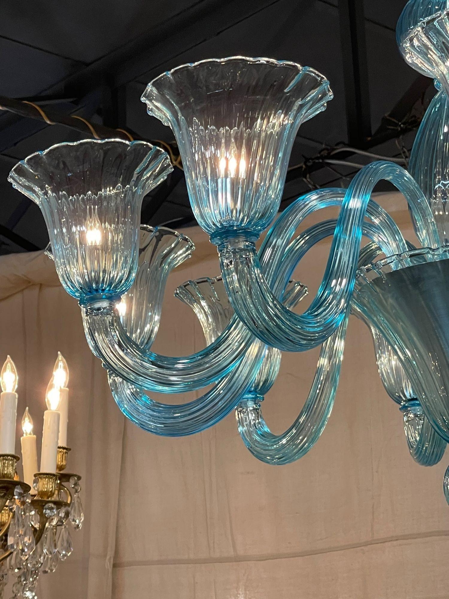 Contemporary Modern Blue Murano Glass Chandelier with 10 Lights For Sale