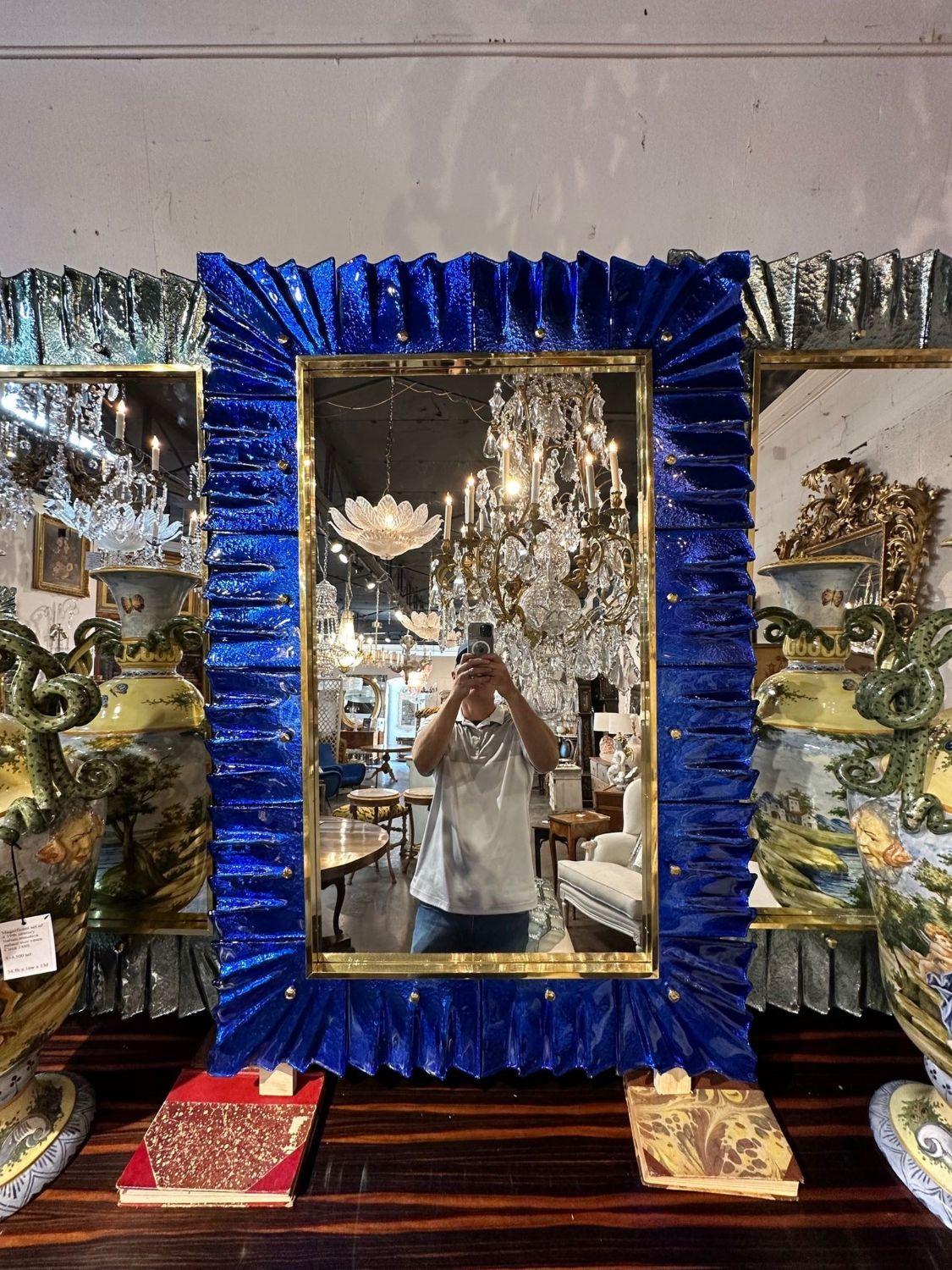 Beautiful cobalt blue Murano glass fold mirror. Fabulous vibrant color! Stunning!