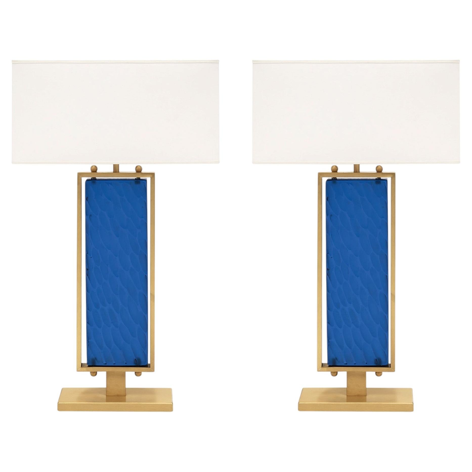 Modern Blue Murano Glass Table Lamps with Brass Base, Made in Italy For Sale