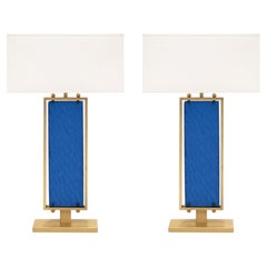 Modern Blue Murano Glass Table Lamps with Brass Base, Made in Italy