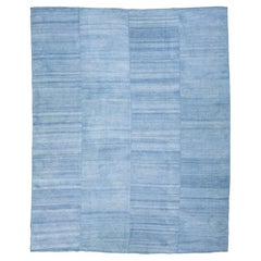 Modern Blue Oversize Wool Rug Flatweave kilim With Stripe Pattern