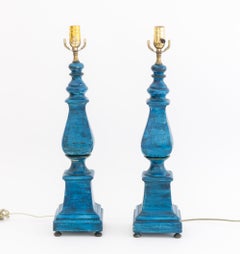 Modern Blue Painted Ceramic Table Lamps, Pair