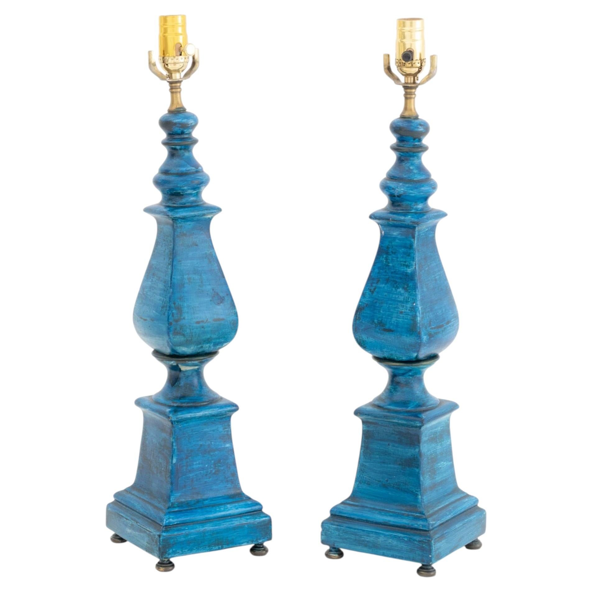 Modern Blue Painted Ceramic Table Lamps, Pair
