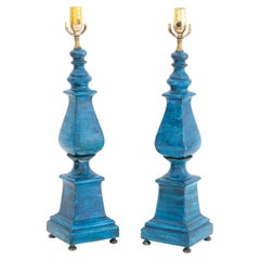 Modern Blue Painted Ceramic Table Lamps, Pair