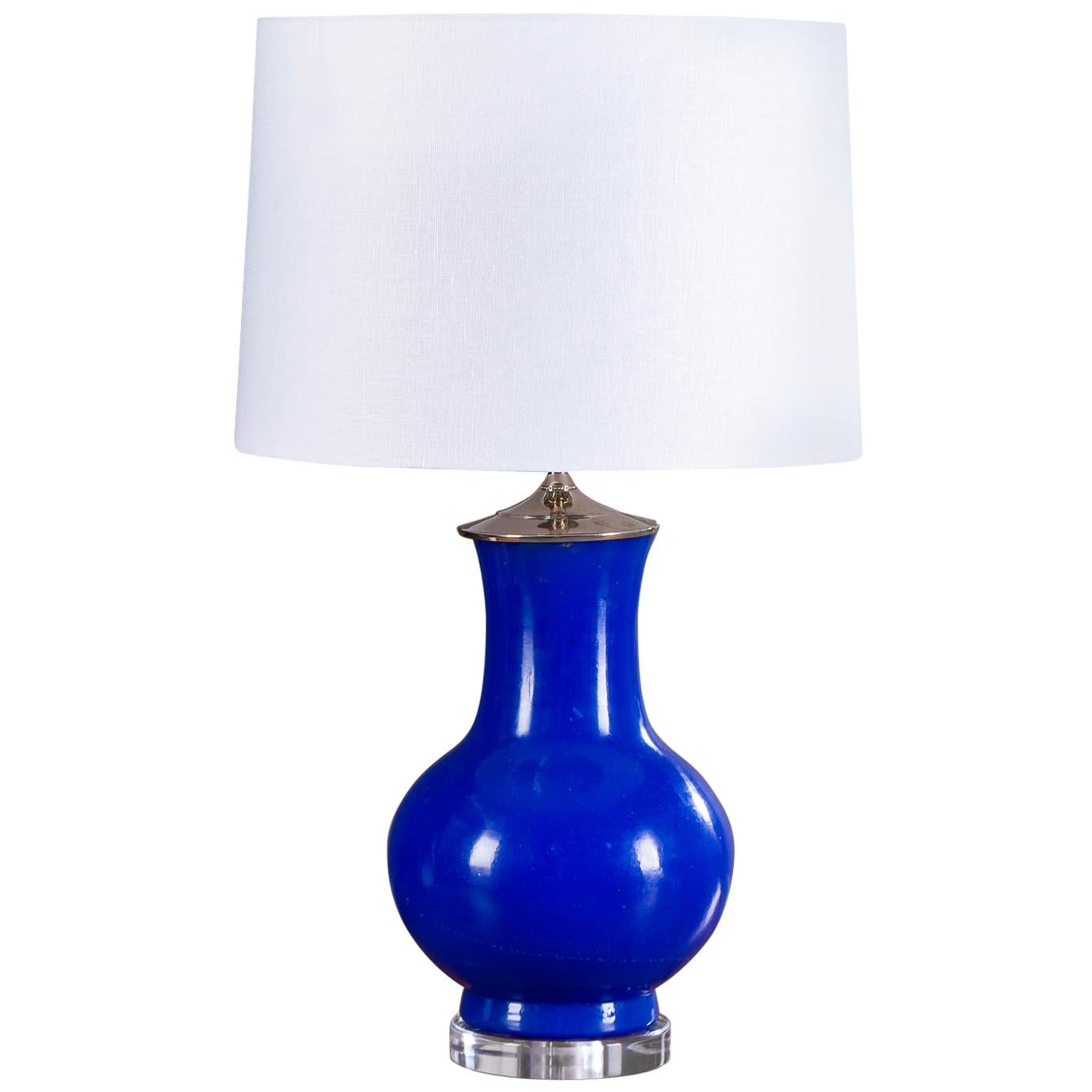 Modern Blue Poured Glass Vase Lamp Lucite Base For Sale
