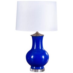 Modern Blue Poured Glass Vase Lamp Lucite Base