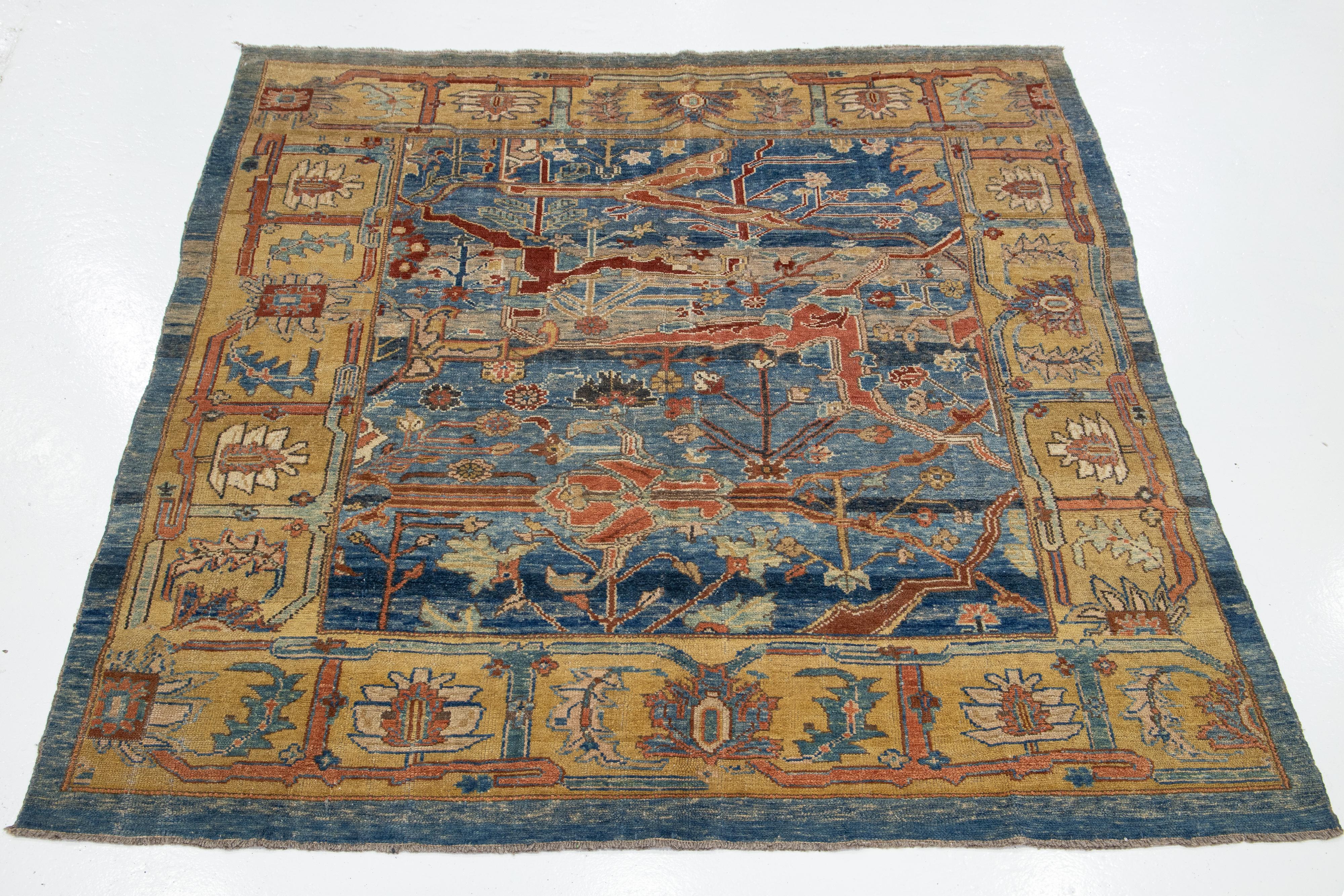 Modern Blue Revival Handmade Wool Rug with Allover Motif For Sale 5