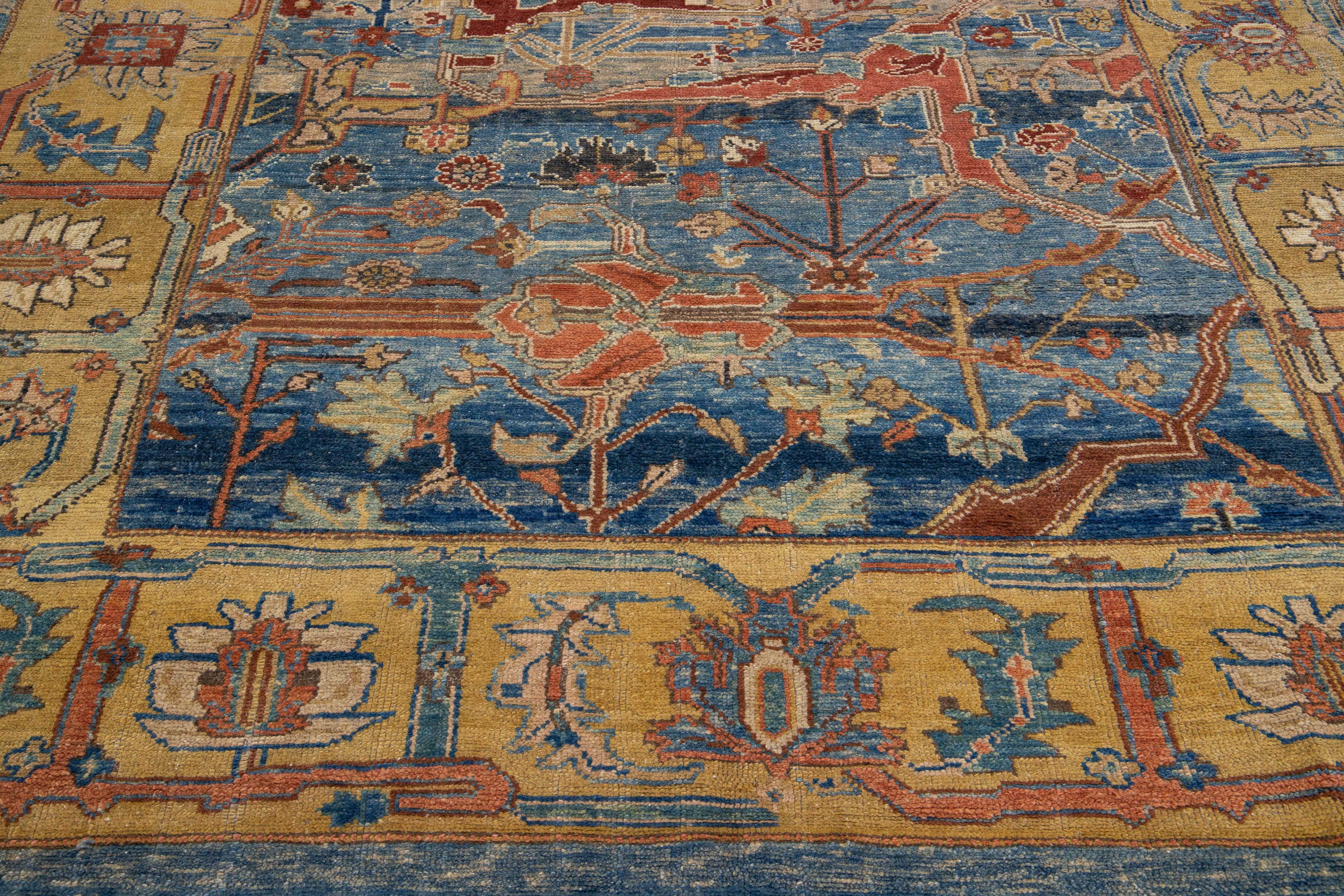 Modern Blue Revival Handmade Wool Rug with Allover Motif For Sale 1