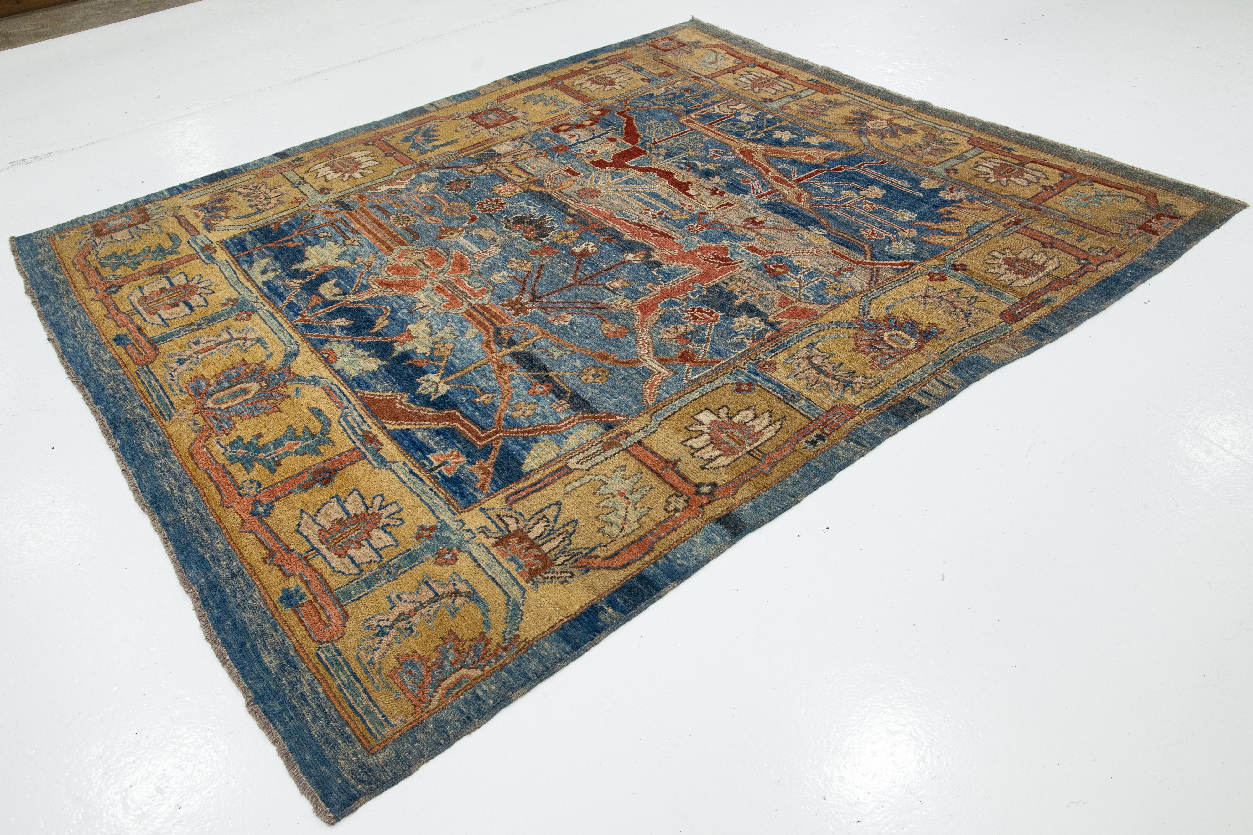 Afghan Modern Blue Revival Handmade Wool Rug with Allover Motif For Sale