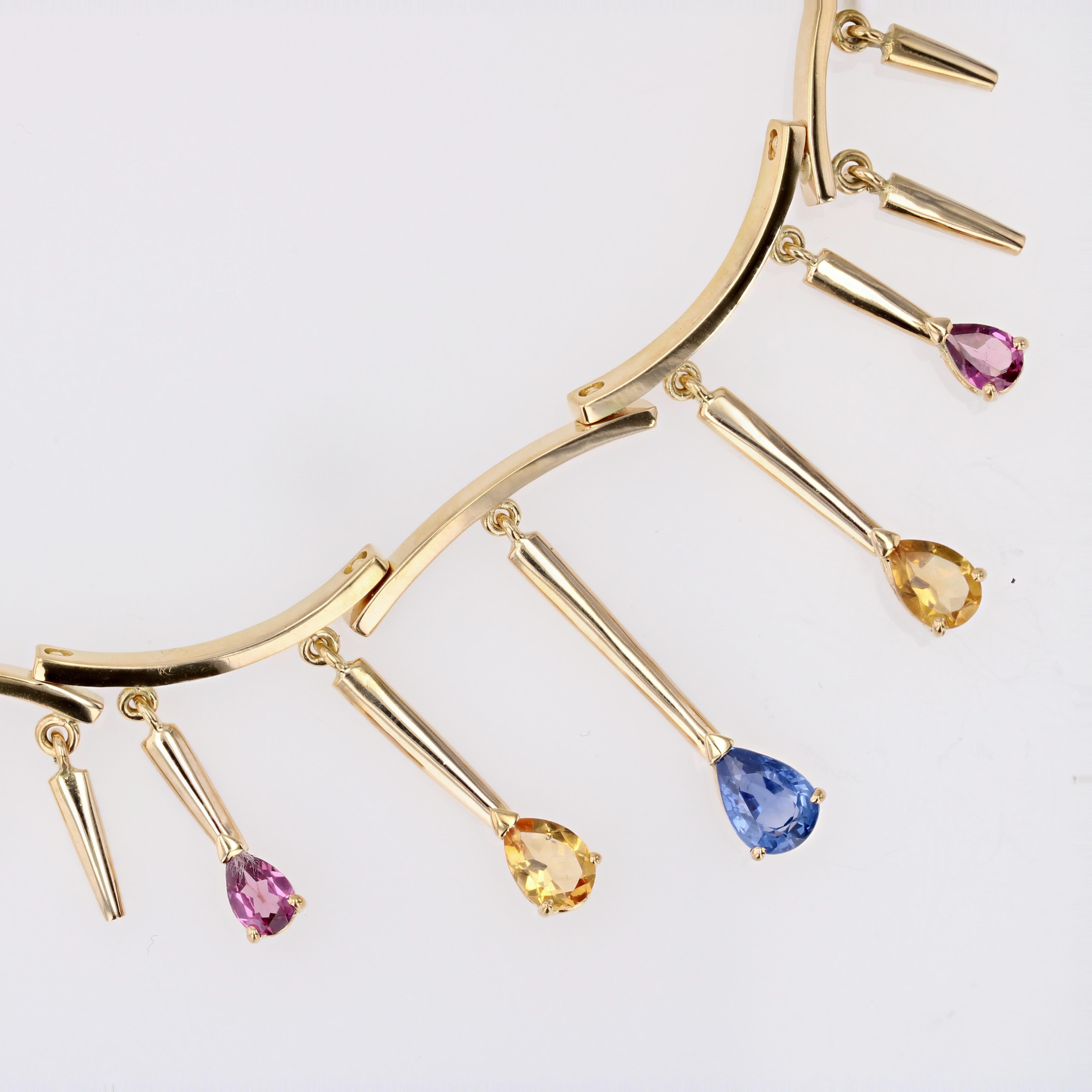 Modern Blue Rose and Yellow Sapphires 18 Karat Yellow Gold Drapery Necklace For Sale 9