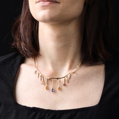 Modern Blue Rose and Yellow Sapphires 18 Karat Yellow Gold Drapery Necklace