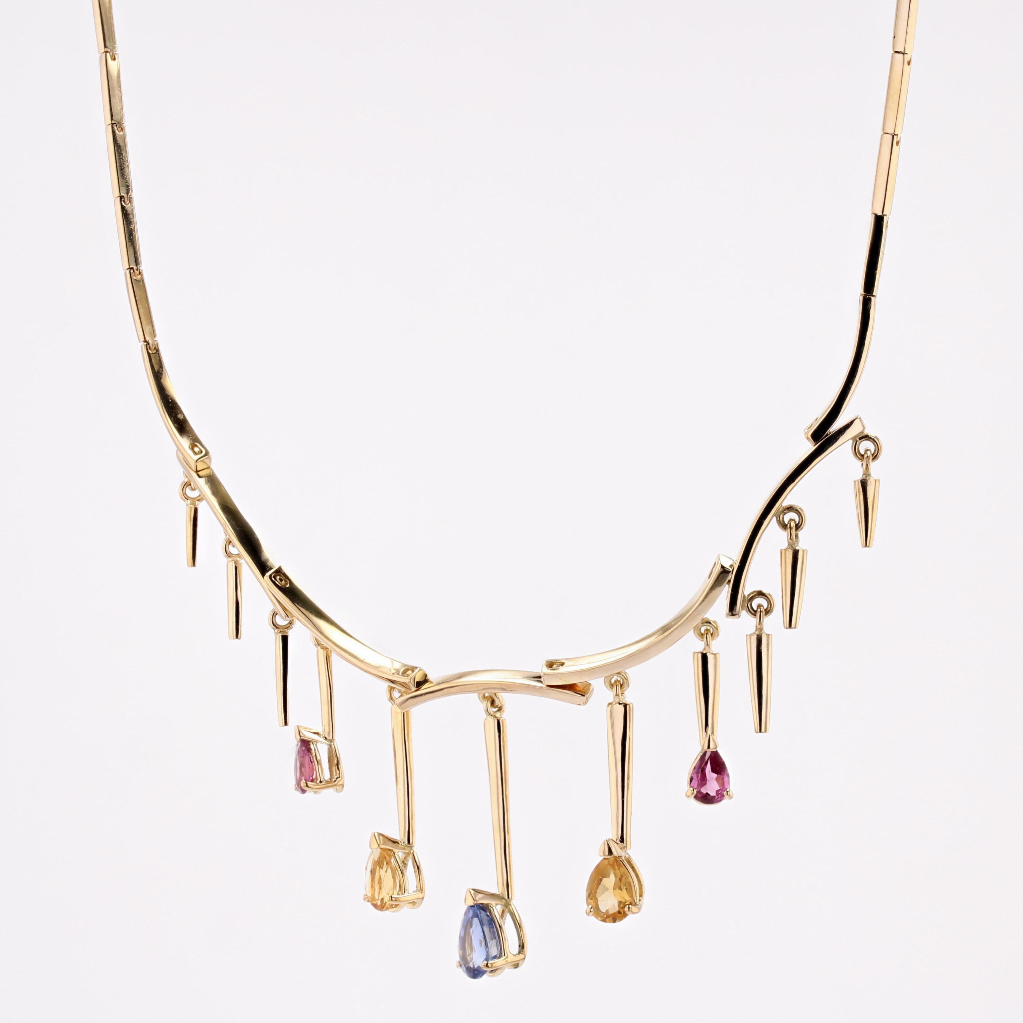 Women's Modern Blue Rose and Yellow Sapphires 18 Karat Yellow Gold Drapery Necklace For Sale