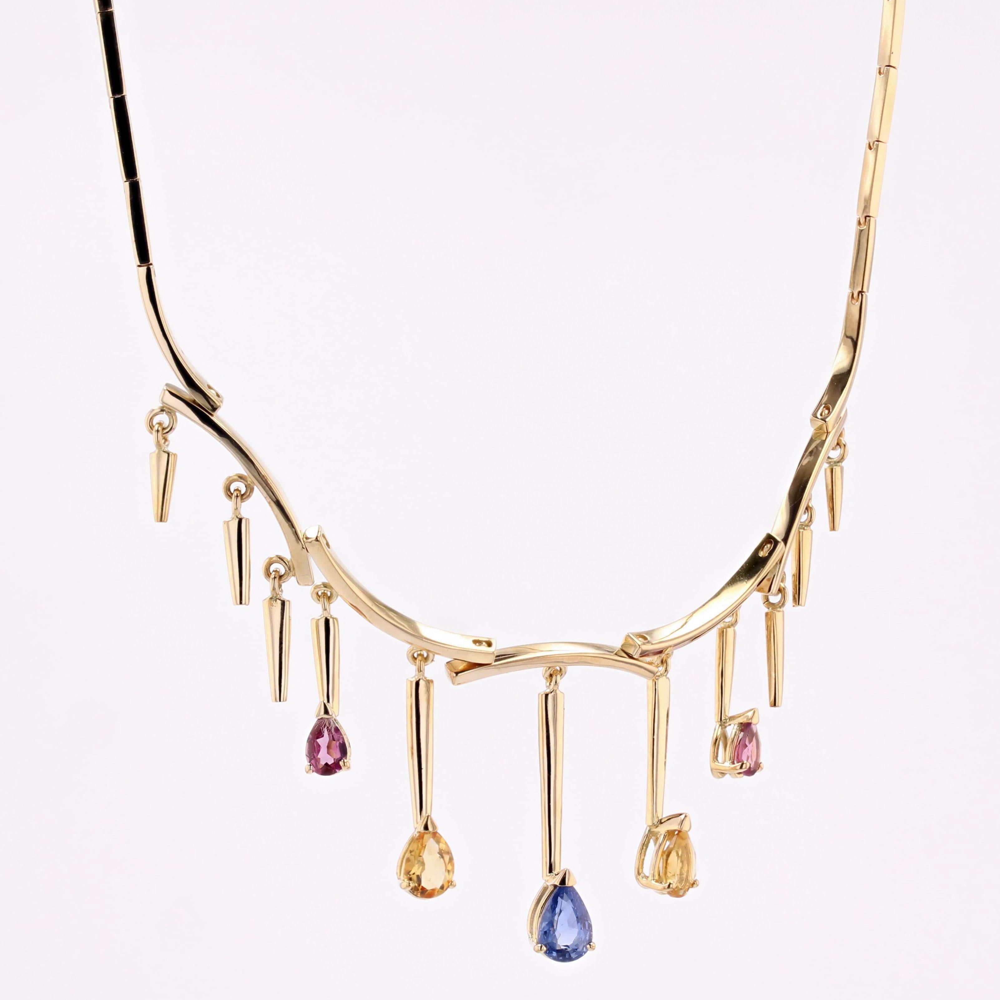 Modern Blue Rose and Yellow Sapphires 18 Karat Yellow Gold Drapery Necklace For Sale 1