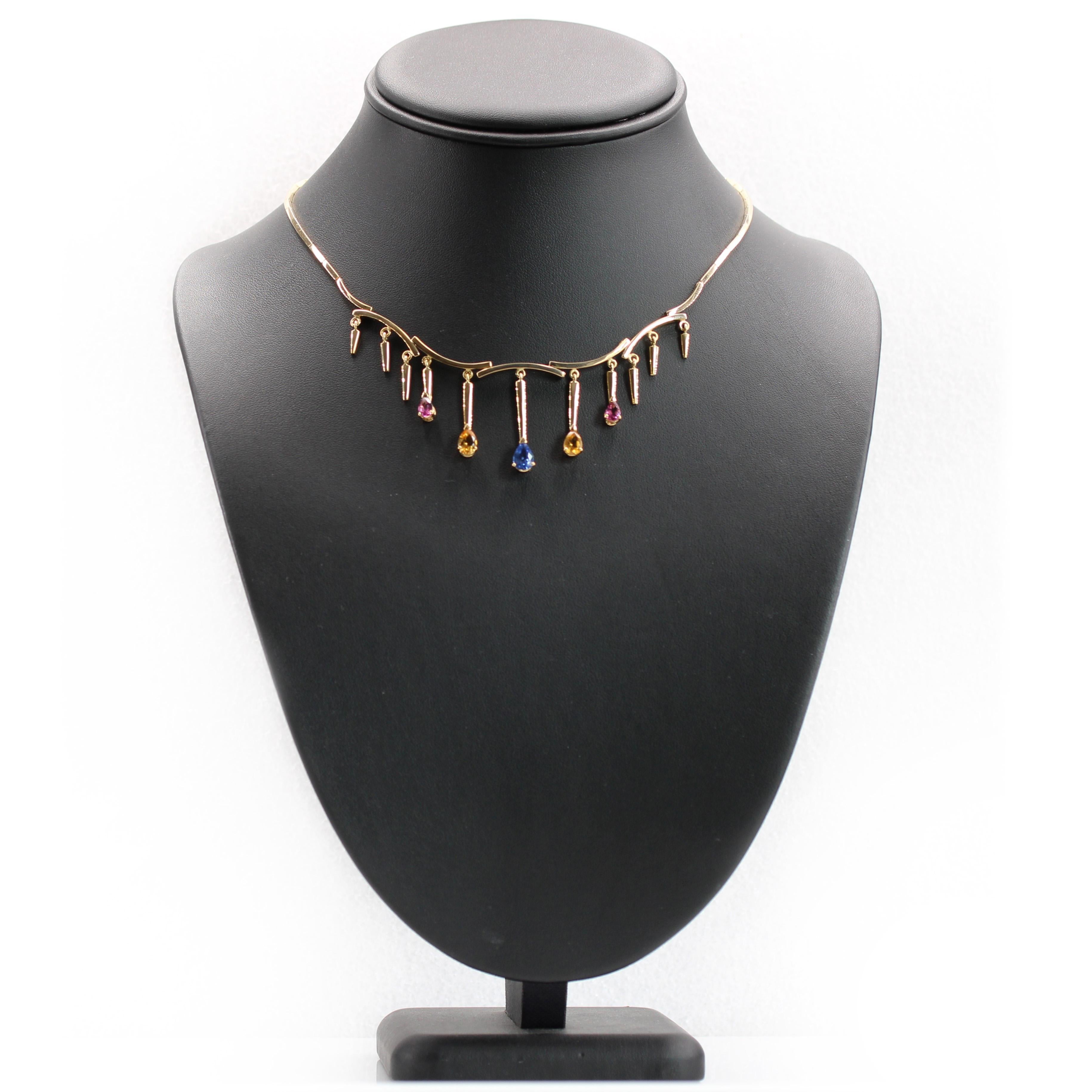 Modern Blue Rose and Yellow Sapphires 18 Karat Yellow Gold Drapery Necklace For Sale 2