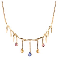 Modern Blue Rose and Yellow Sapphires 18 Karat Yellow Gold Drapery Necklace