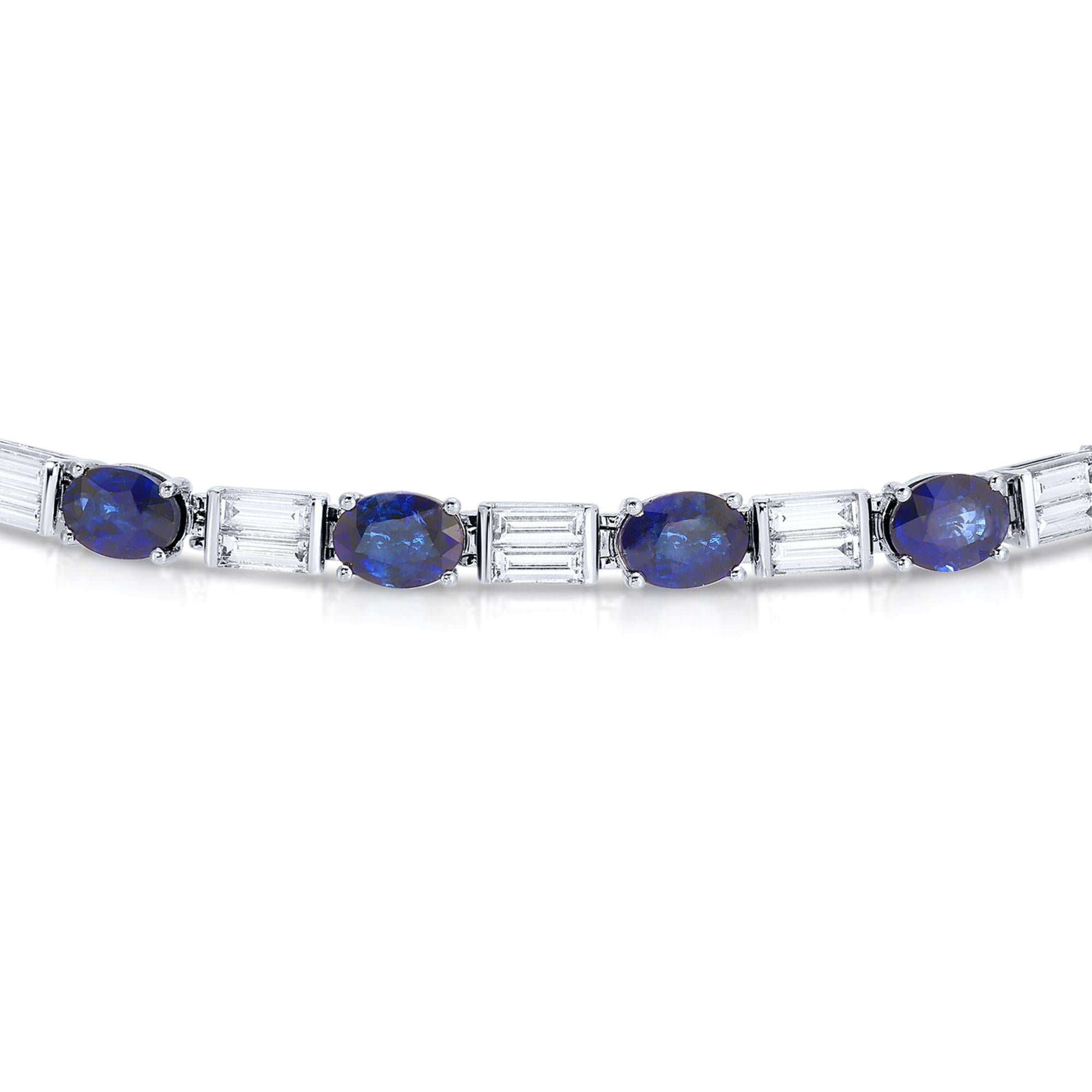 Contemporary Modern Blue Sapphire and Diamond Tennis Bracelet 15.25 Carats 18K White Gold For Sale