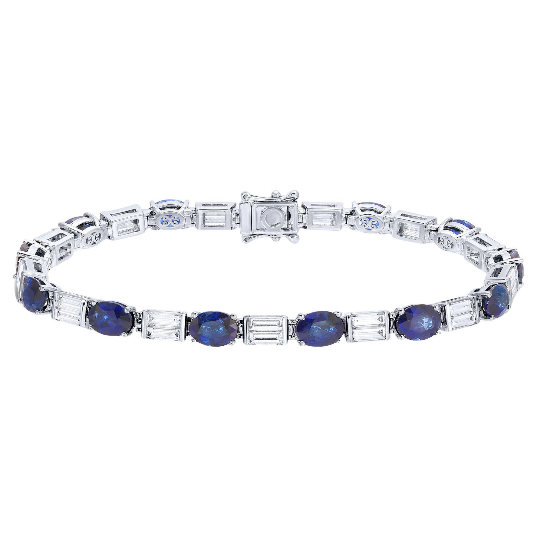 Bracelet tennis moderne en or blanc 18 carats, saphir bleu et diamants 15,25 carats