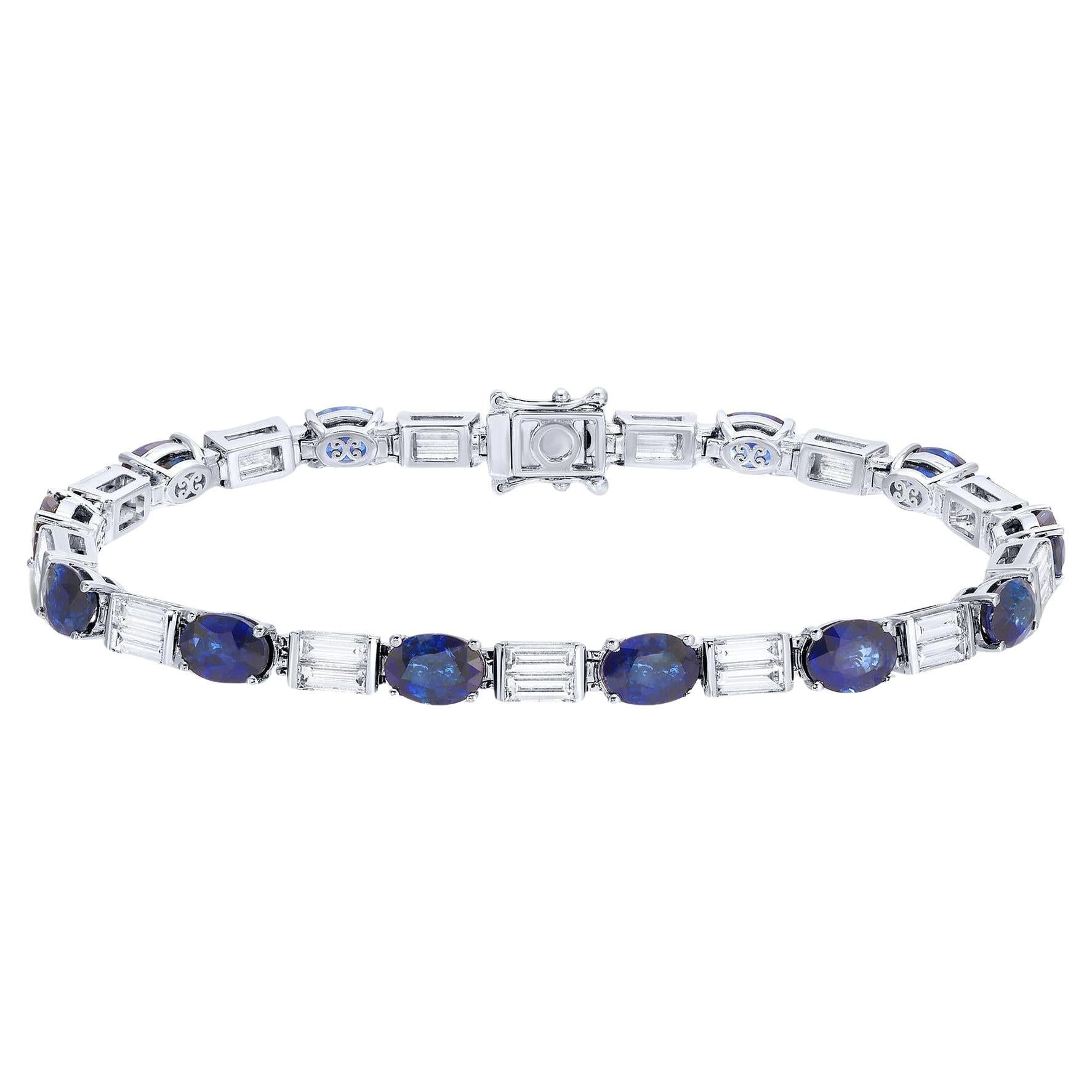 Modern Blue Sapphire and Diamond Tennis Bracelet 15.25 Carats 18K White Gold