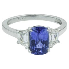 Modern Blue Sapphire and Diamond Three-Stone Engagement, Cocktail Ring