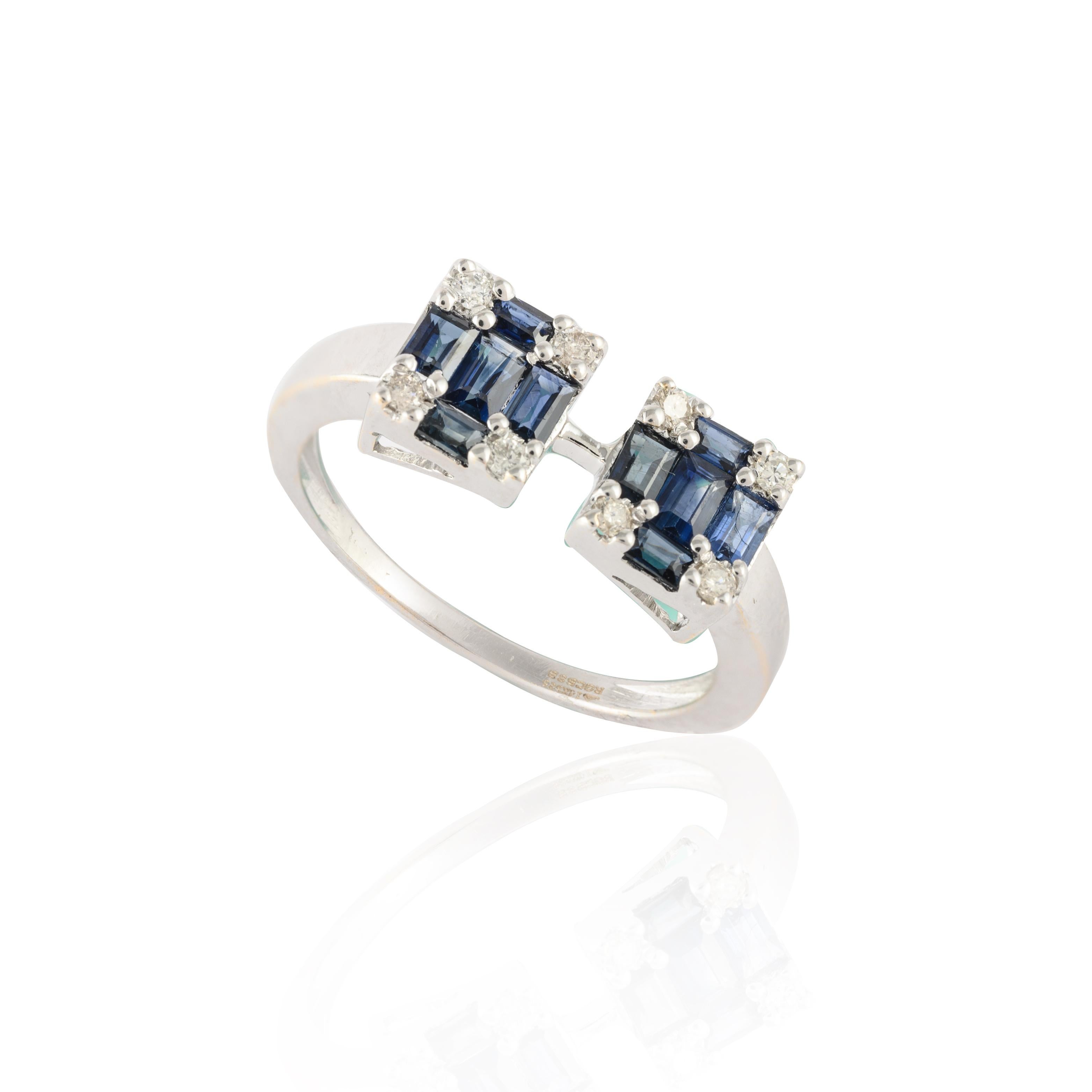 Im Angebot: Rechteckiger Cluster-Ring aus 14 Karat massivem Weißgold mit blauem Saphir und Diamant () 9