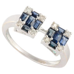 Cluster Rectangle Blue Sapphire Diamond Ring in 14k Solid White Gold