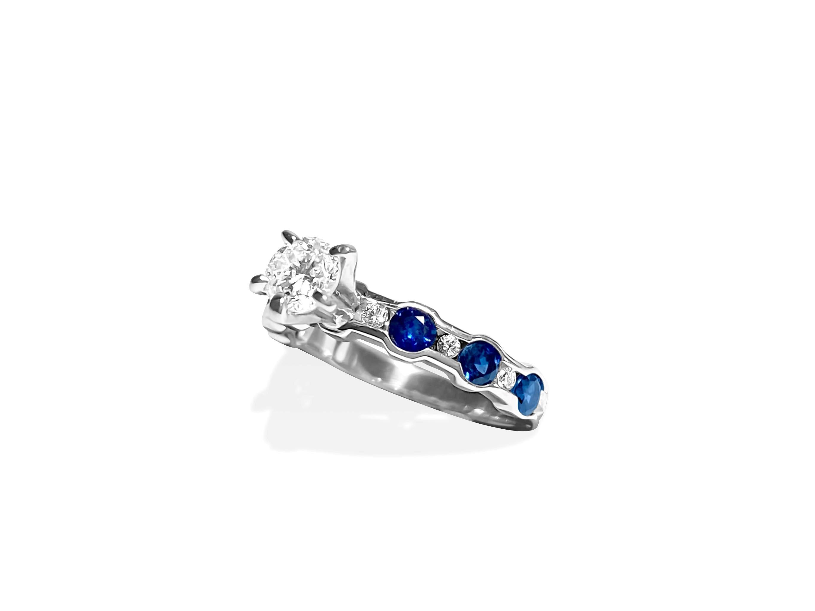 Round Cut Modern Blue Sapphire Diamond Cocktail Engagement Ring For Sale