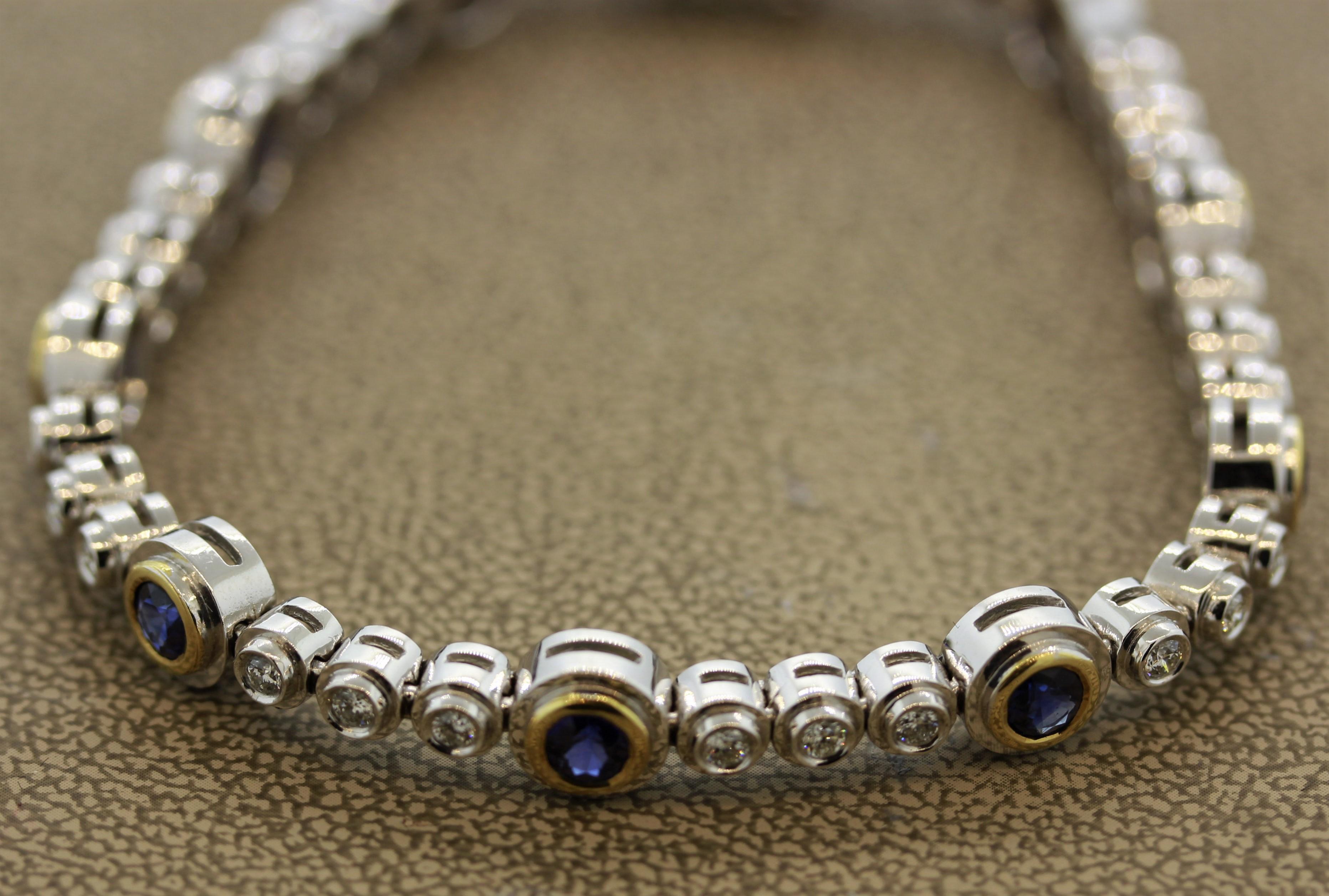 Modern Blue Sapphire Diamond Gold Tennis Bracelet In New Condition For Sale In Beverly Hills, CA