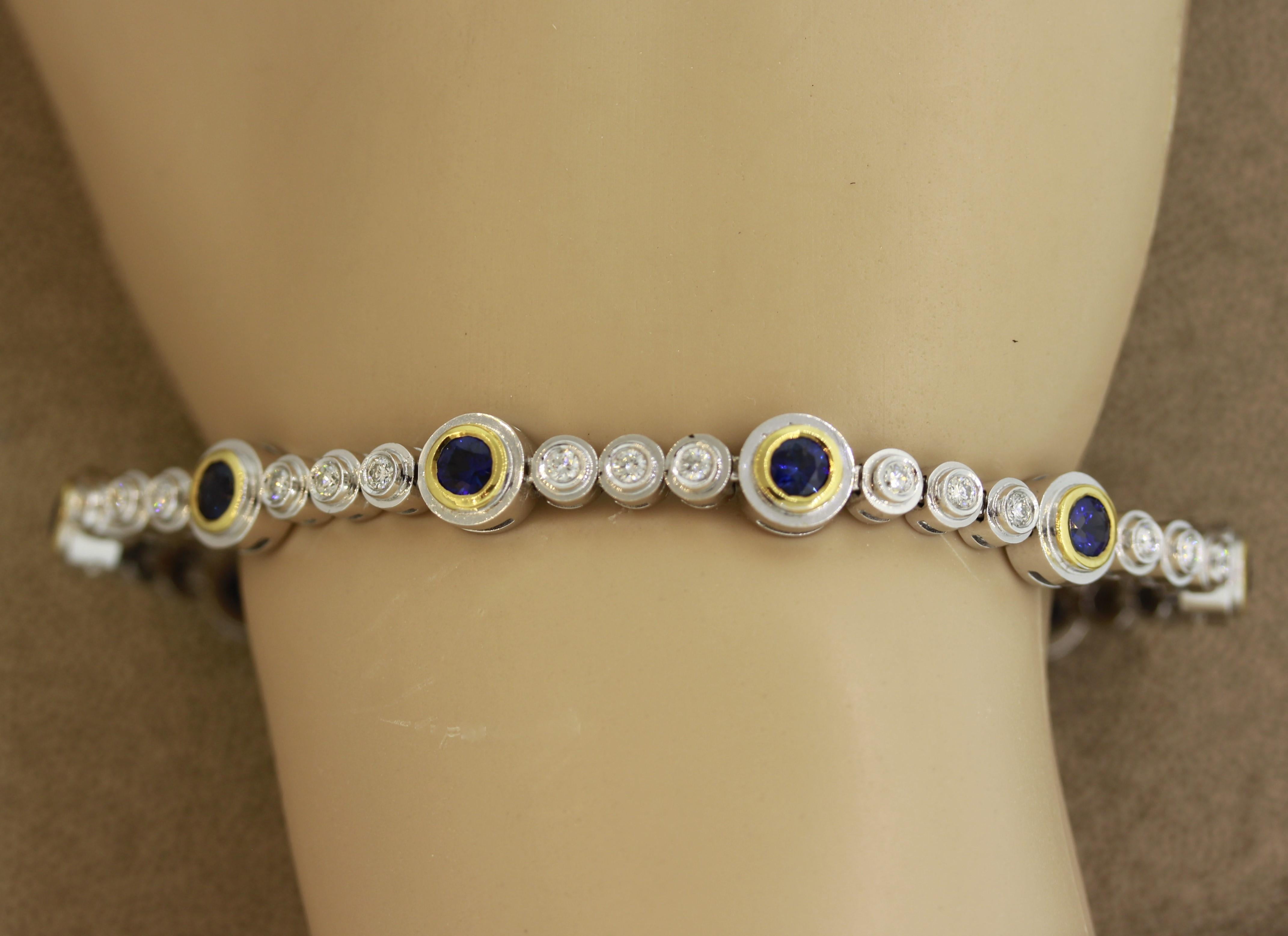 Women's Modern Blue Sapphire Diamond Gold Tennis Bracelet For Sale