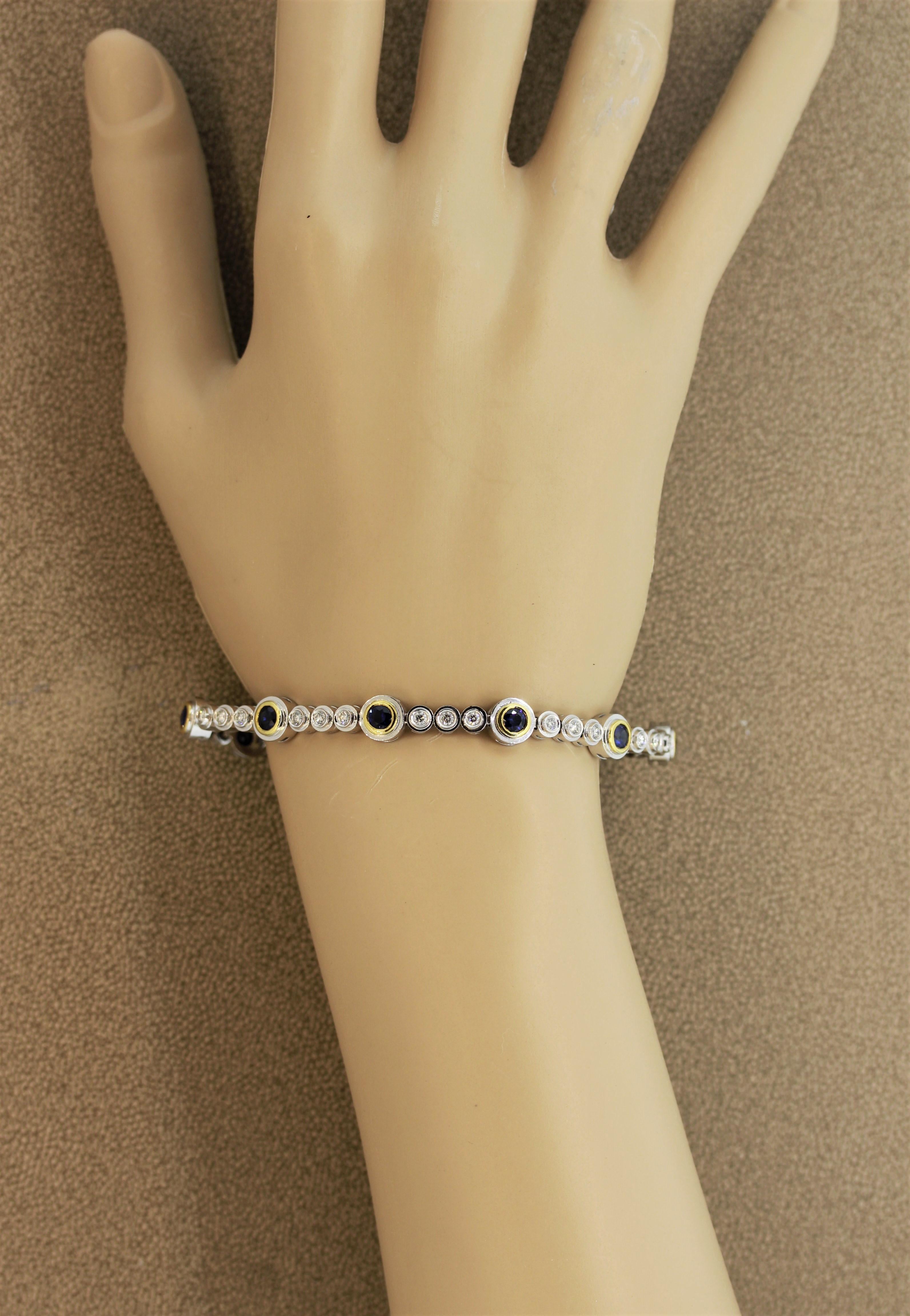 Modern Blue Sapphire Diamond Gold Tennis Bracelet For Sale 1