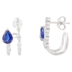 Modern Blue Sapphire Diamond Huggie Stud Earrings Geschenk in 14k Solid White Gold