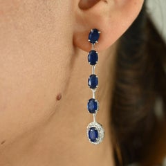 Modern Blue Sapphire & Diamond Long Dangle Earrings for Her in 14k White Gold