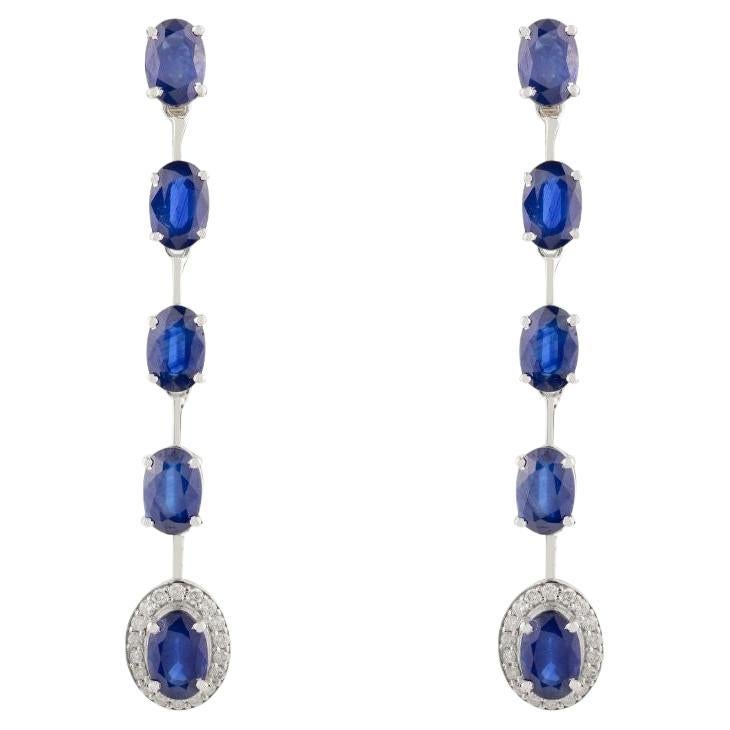 Modern Blue Sapphire & Diamond Long Dangle Earrings for Her in 14k White Gold