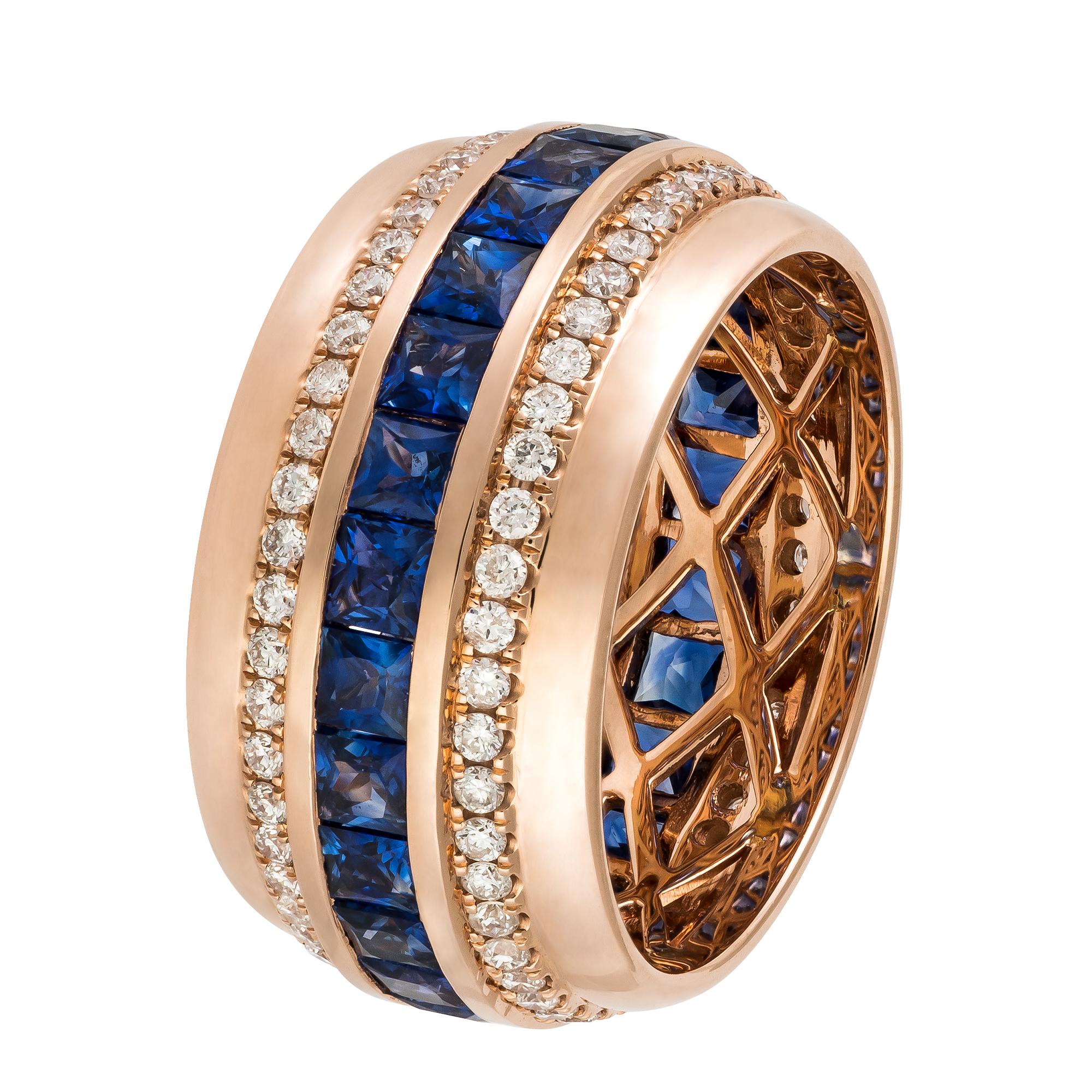 Round Cut Modern Blue Sapphire Diamond Rose Gold 18K Band Ring for Her For Sale