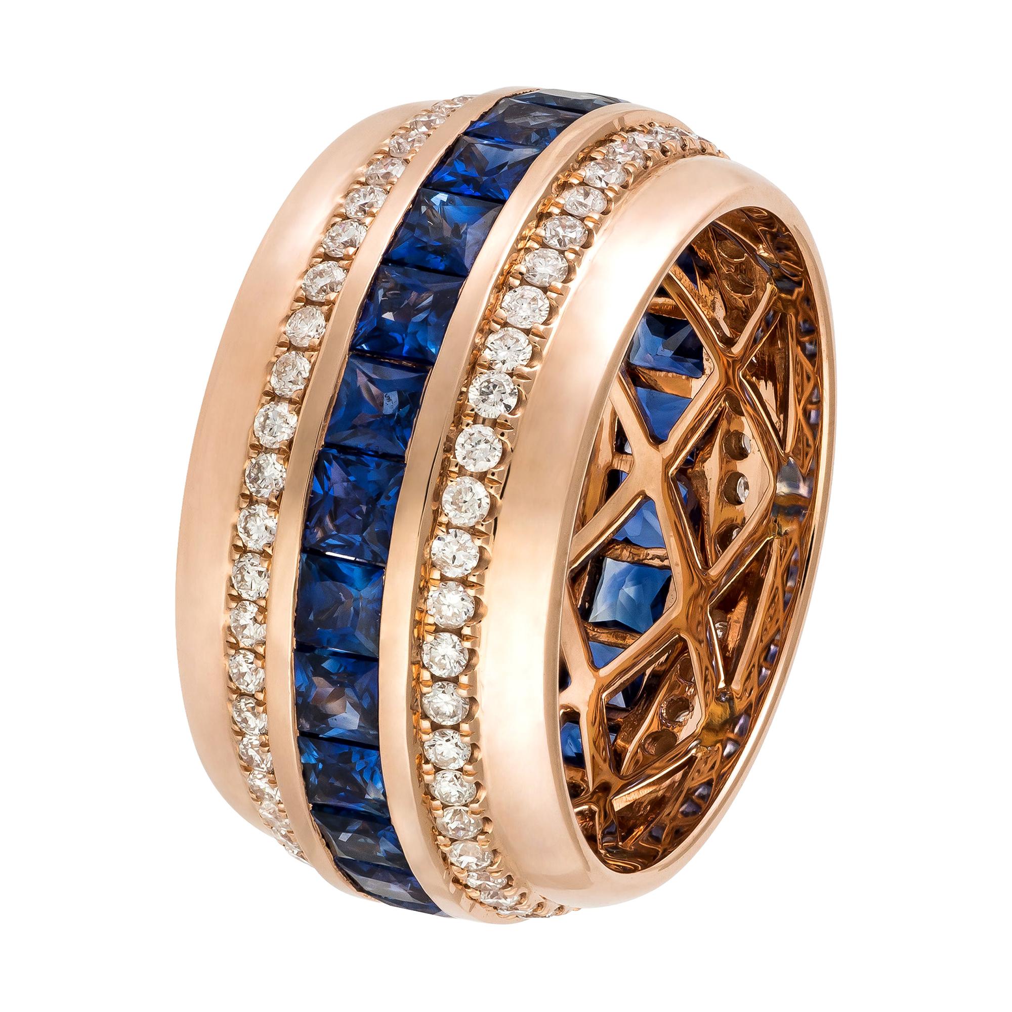 Modern Blue Sapphire Diamond Rose Gold 18K Band Ring for Her
