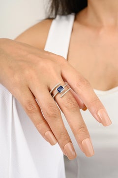 Modern Blue Sapphire Diamond Spiral Spring 14k White Gold Band Ring Gift for Her