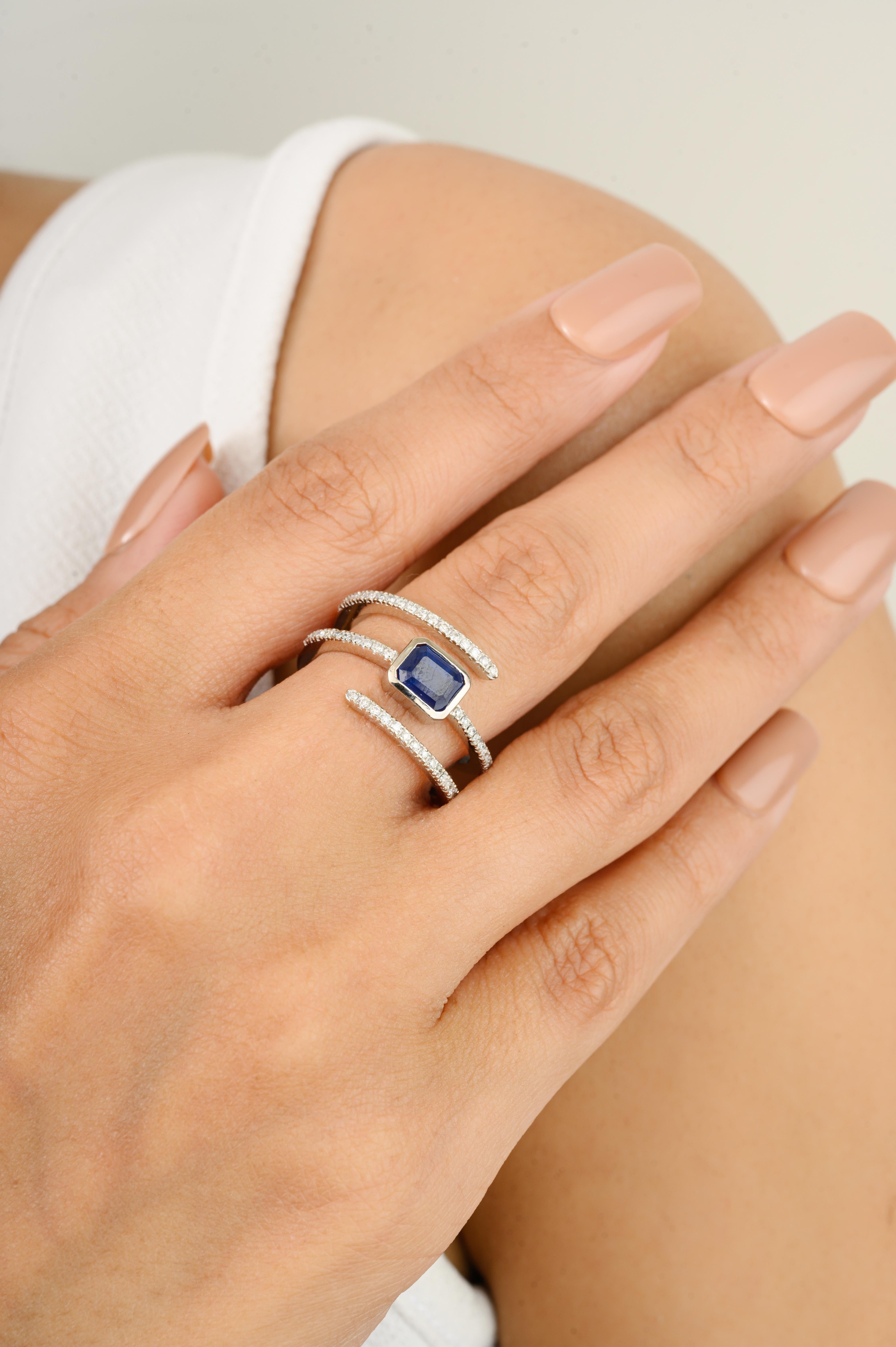 For Sale:  Modern Blue Sapphire Diamond Spiral Spring 14k White Gold Band Ring Gift for Her 4