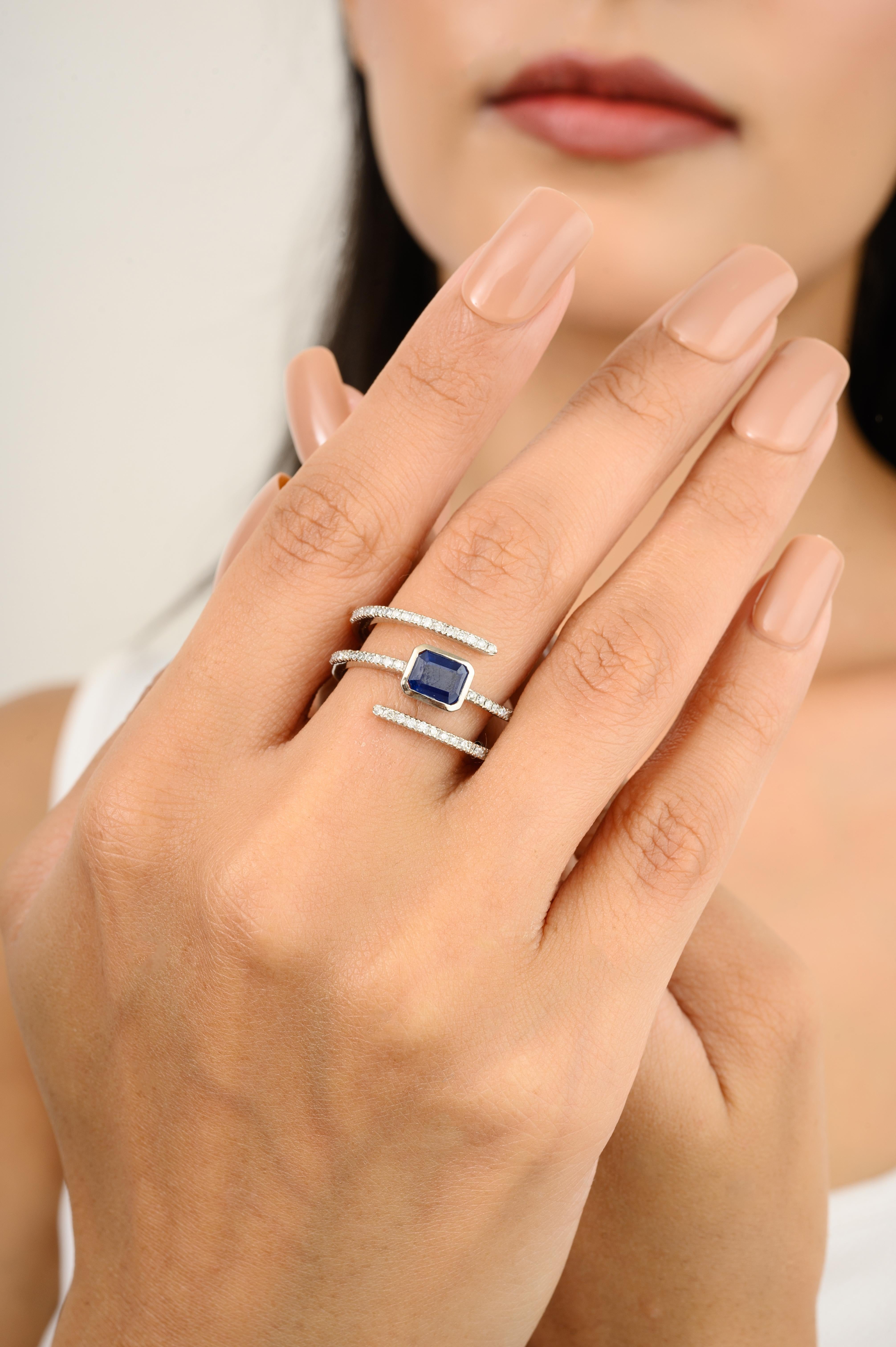 For Sale:  Modern Blue Sapphire Diamond Spiral Spring 14k White Gold Band Ring Gift for Her 8