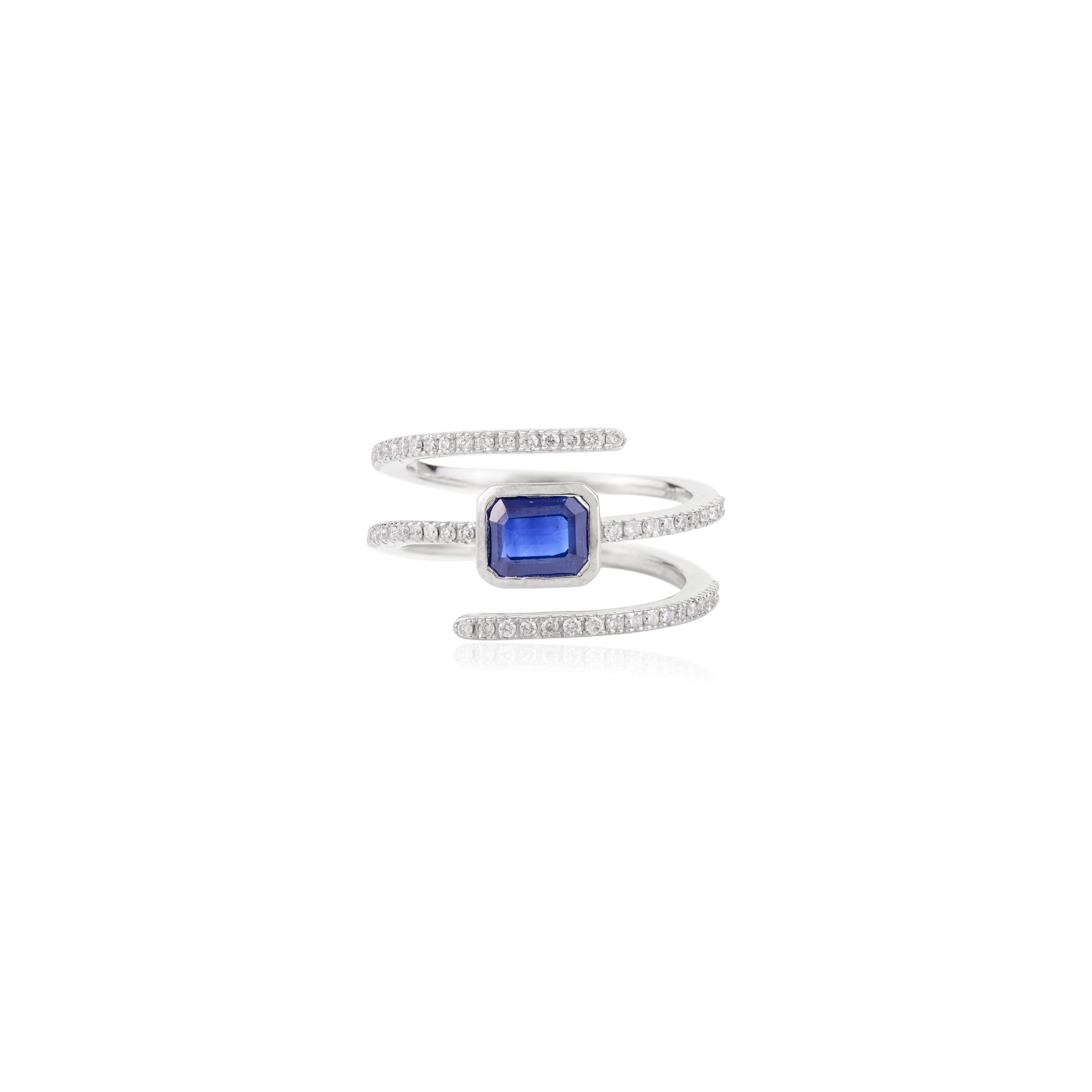 For Sale:  Modern Blue Sapphire Diamond Spiral Spring 14k White Gold Band Ring Gift for Her 9