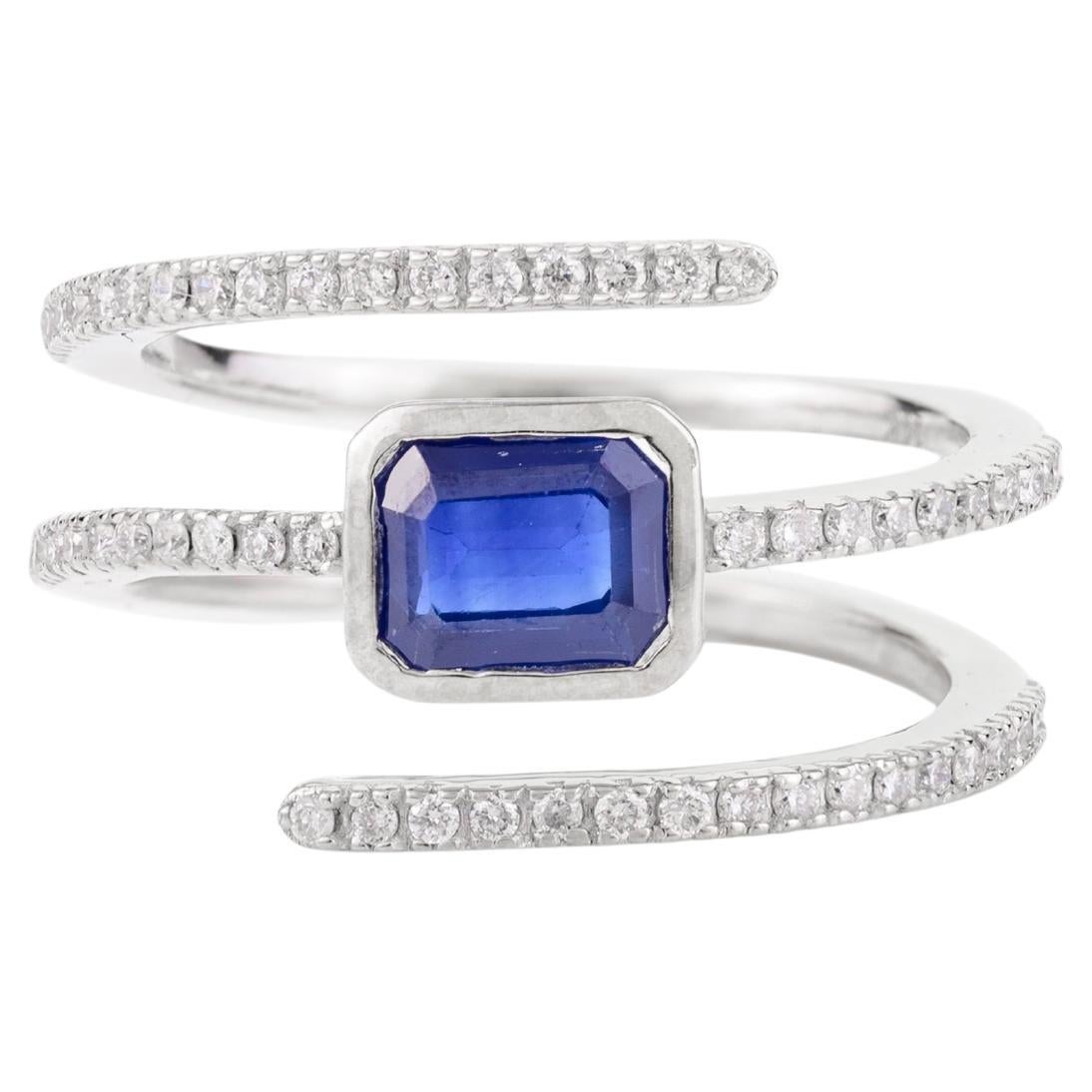 Anillo moderno con zafiro azul y diamantes en espiral de oro blanco de 14k Regalo para ella