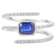 Moderner moderner blauer Saphir Diamant Spiral Frühling 14k Weißgold Bandring Geschenk für sie