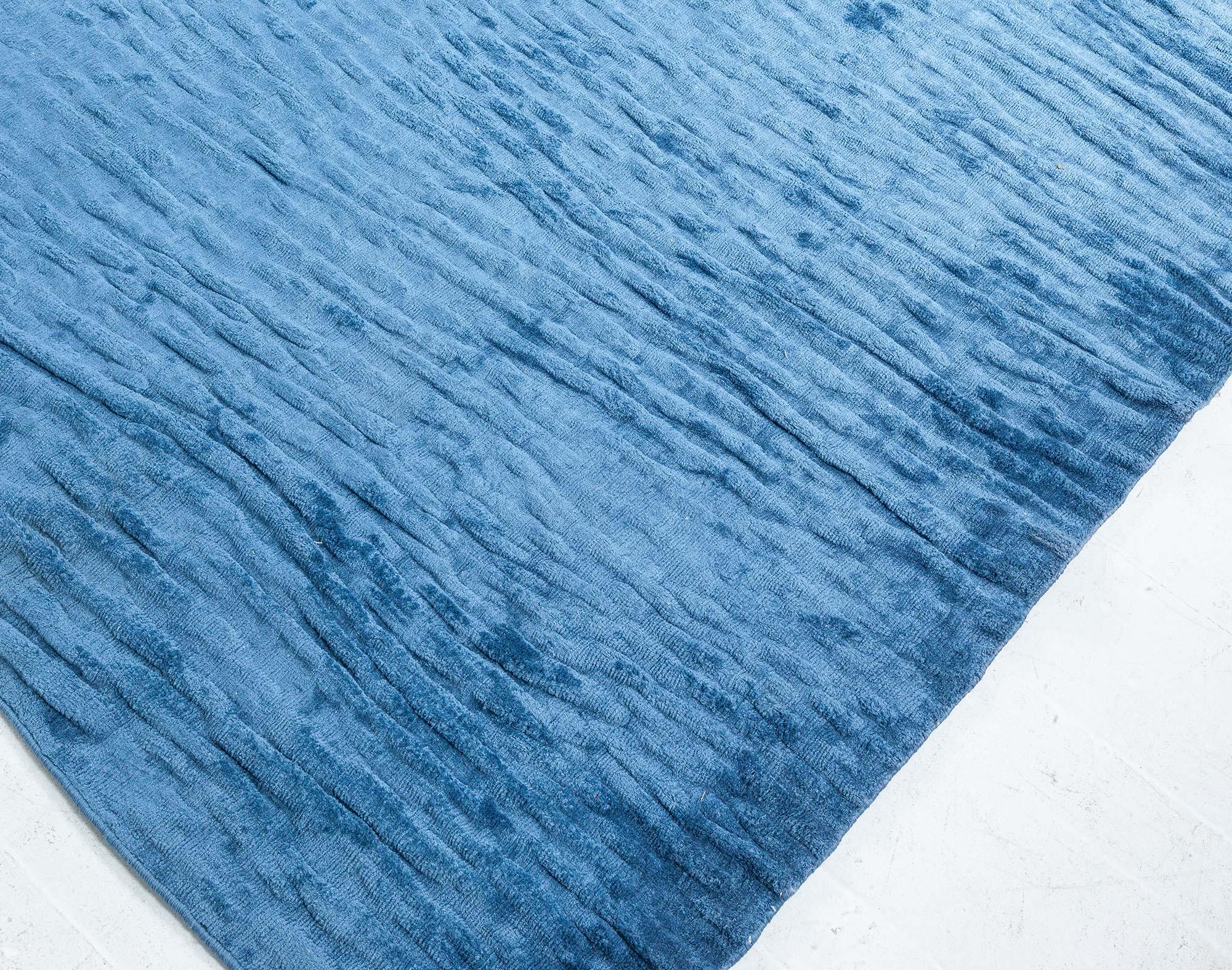 Hand-Knotted Modern Blue Silk Rug For Sale