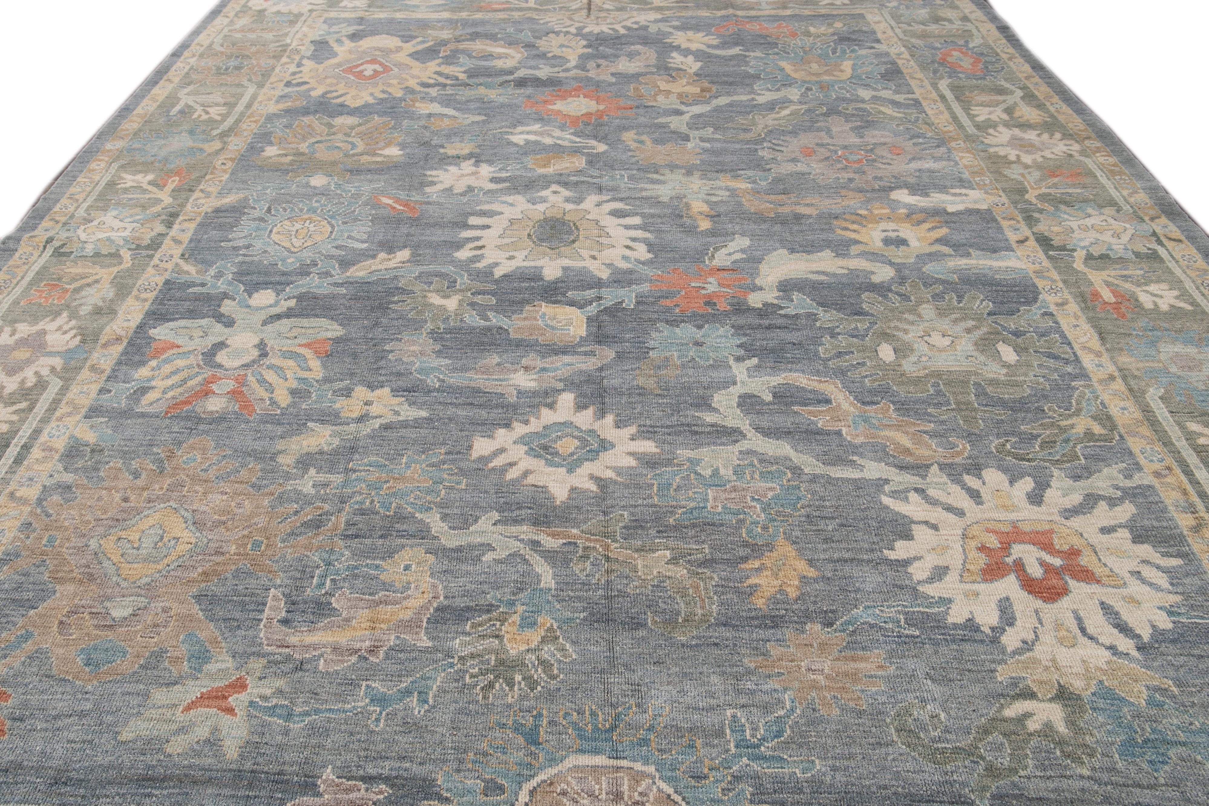 Persian Modern Blue Sultanabad Handmade Floral Wool Rug For Sale