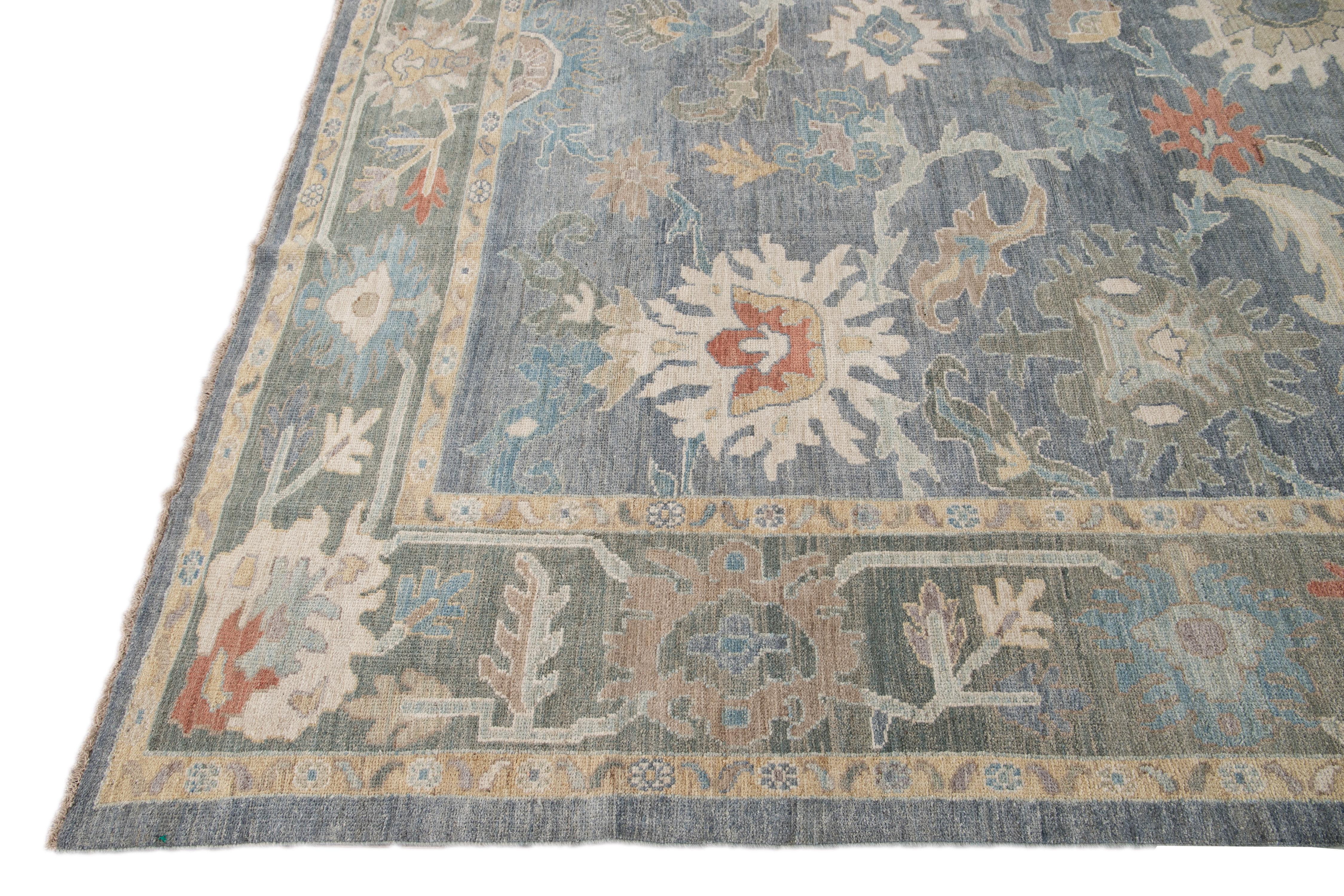 Hand-Knotted Modern Blue Sultanabad Handmade Floral Wool Rug For Sale