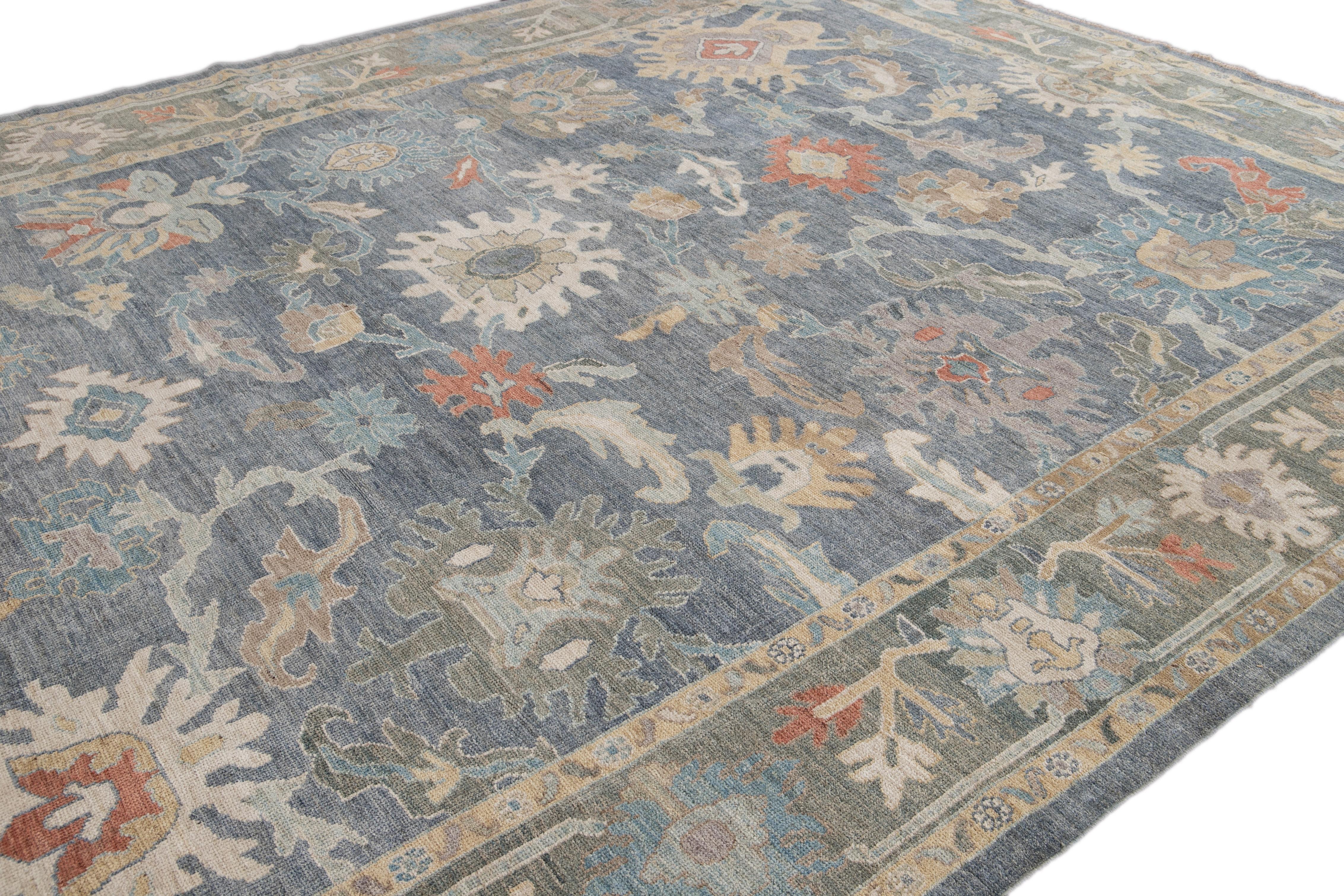Contemporary Modern Blue Sultanabad Handmade Floral Wool Rug For Sale