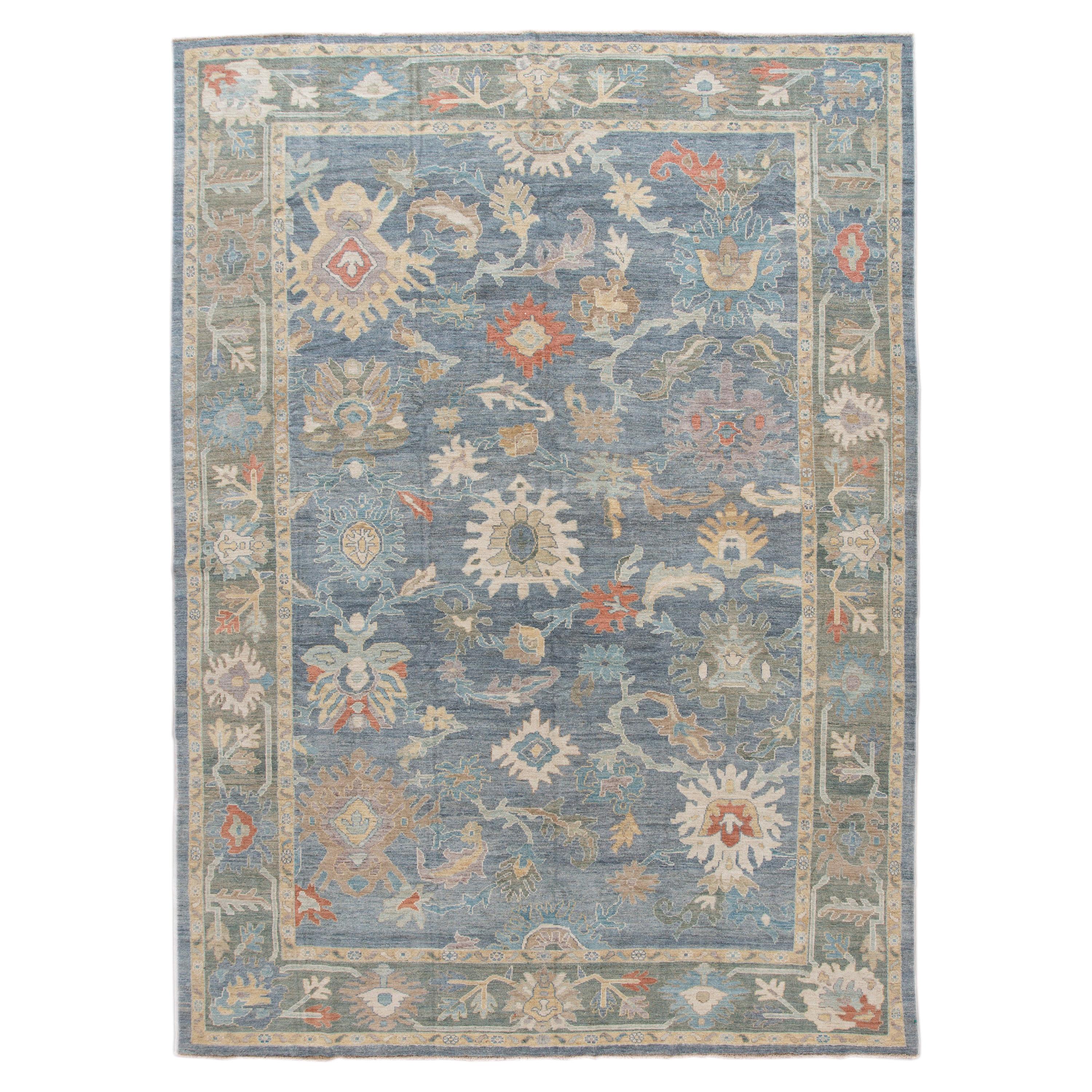 Modern Blue Sultanabad Handmade Floral Wool Rug For Sale at 1stDibs